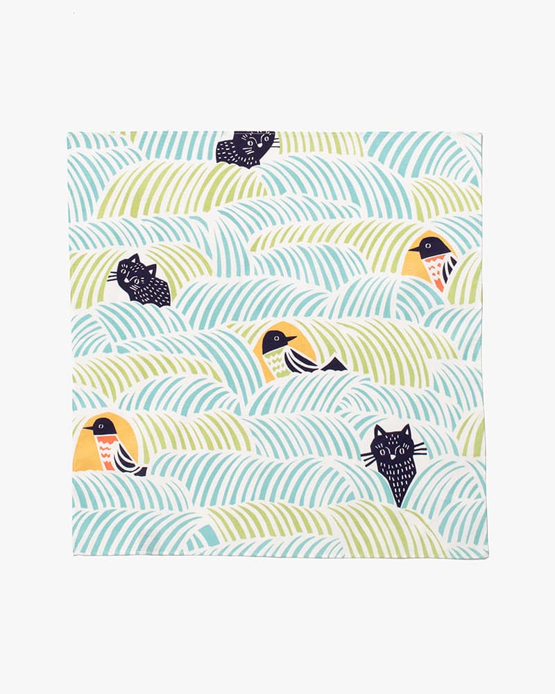 Modern Furoshiki, Musubi, Kata Kata, Cats & Birds, Green 17.5" x 17.5"