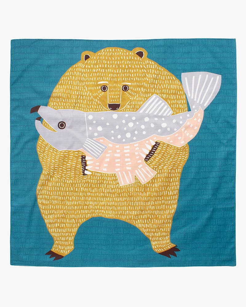 Modern Furoshiki, Musubi, Kata Kata, Bear & Salmon, Blue 40" x 40"