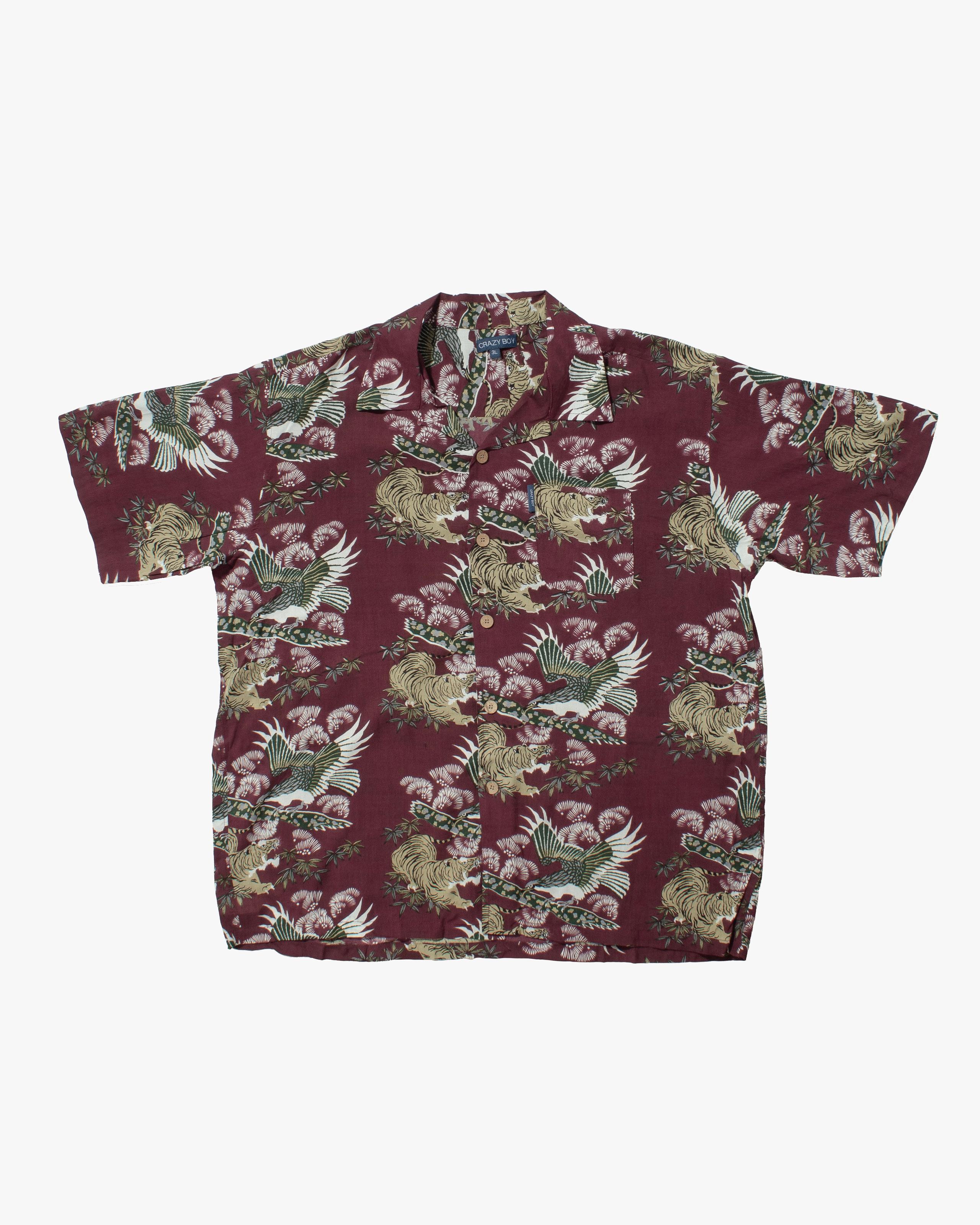 Shirt, Short Sleeve Aloha Shirt, Crazy Boy, Maroon with Tiger and Hawk - XL