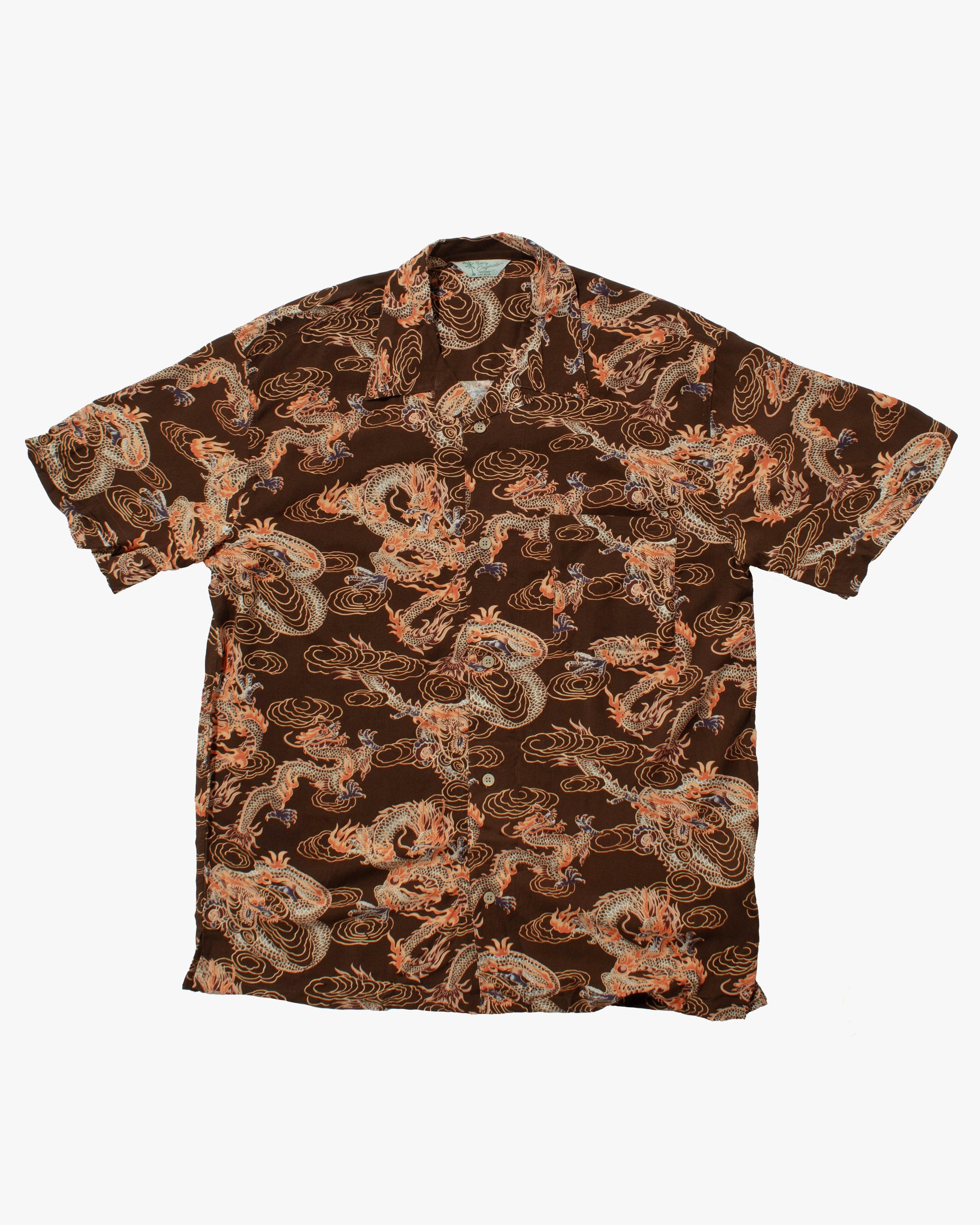 Shirt, Short Sleeve Aloha Shirt, Styled By Originals Hawaiian Surf, Brown with Dragons - XL