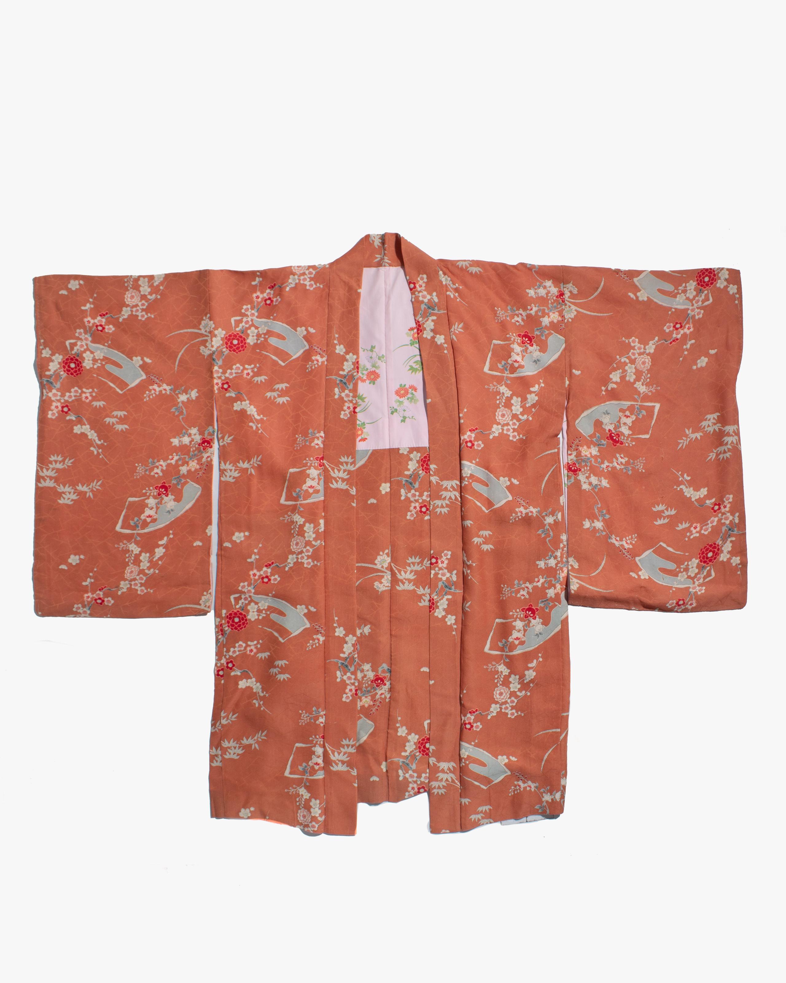 Vintage Haori Jacket, Orange with Floral and Greenery