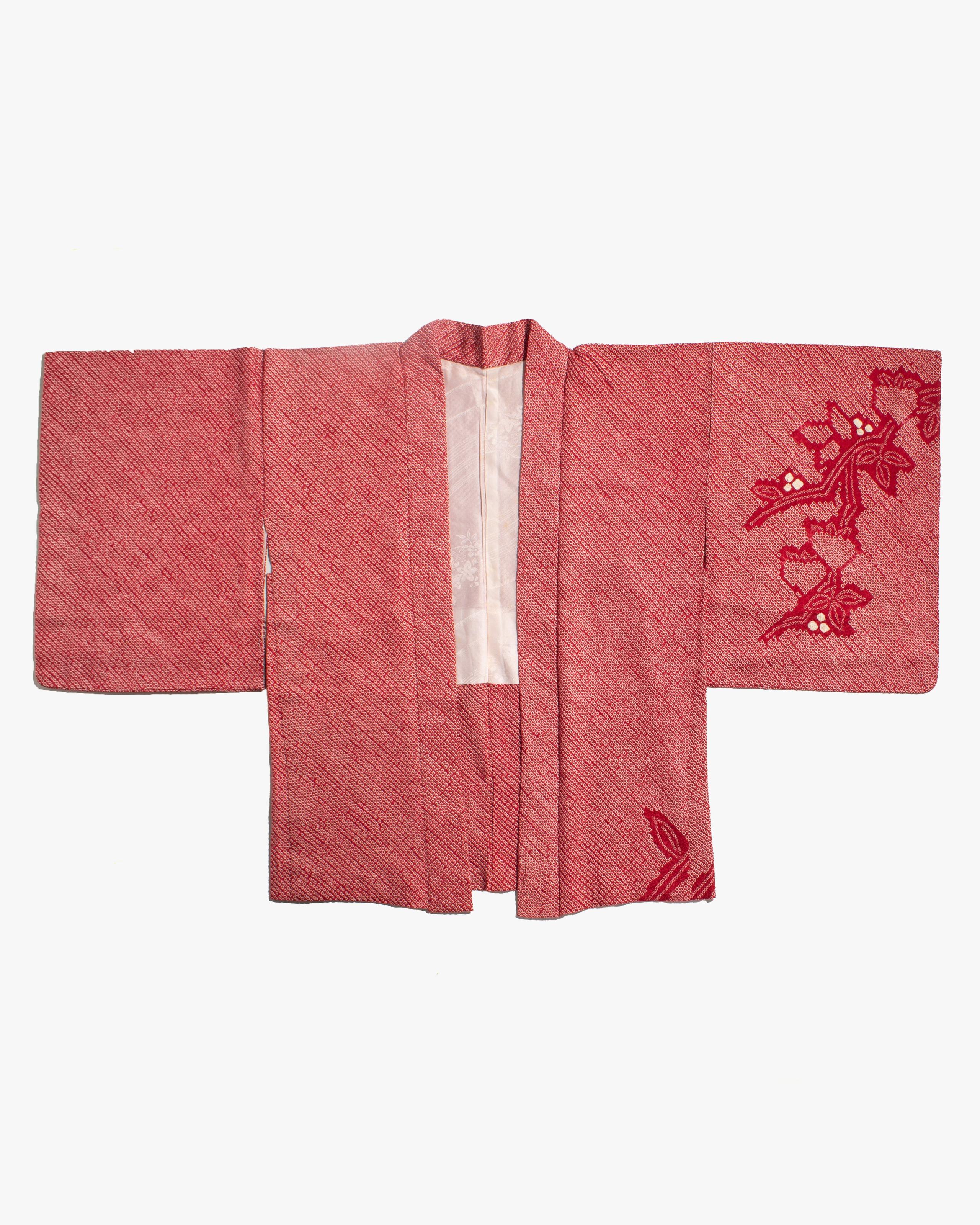Vintage Haori Jacket, Full Shibori, Red with Floral