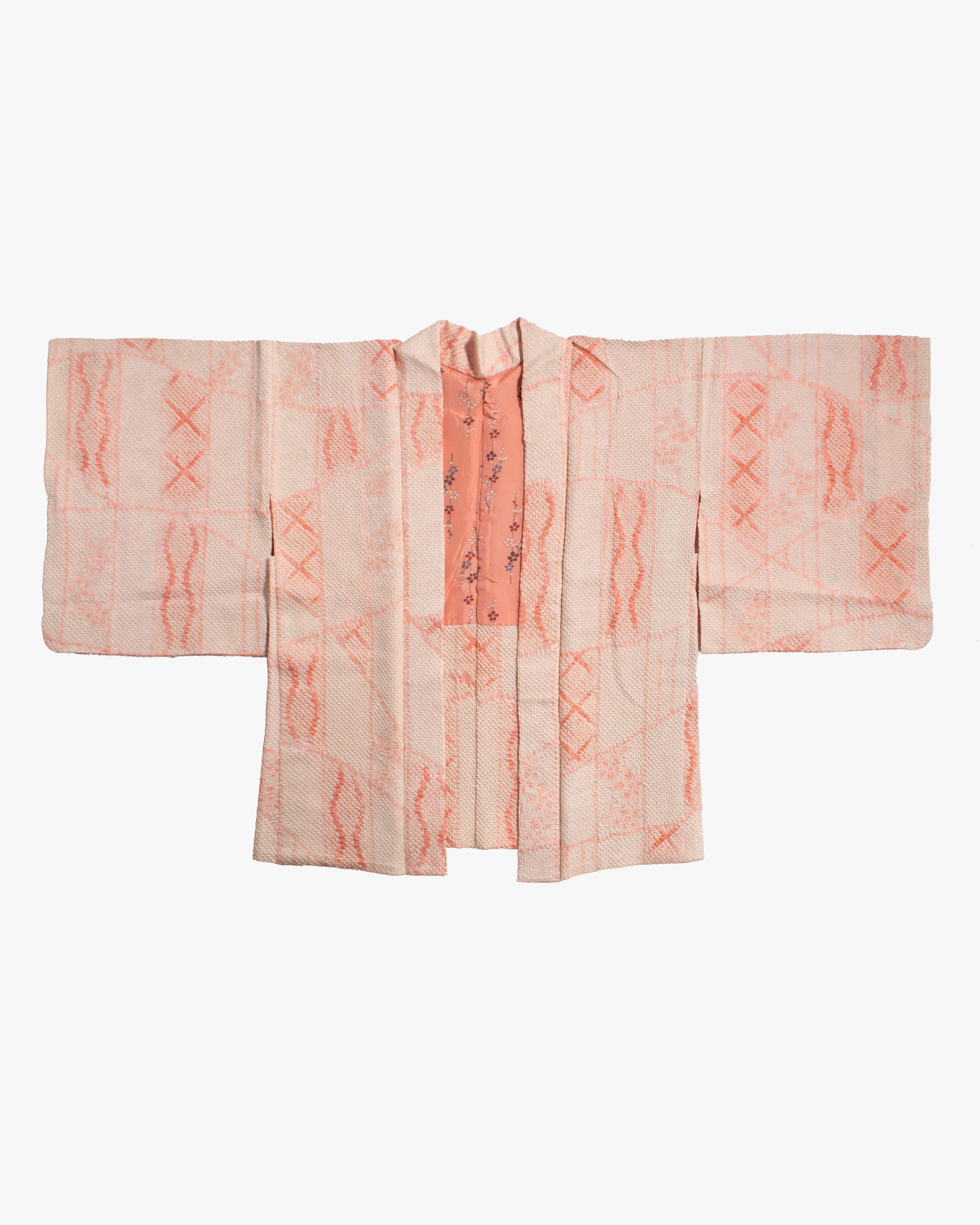 Vintage Haori Jacket, Full Shibori, Peach with Wave Pattern