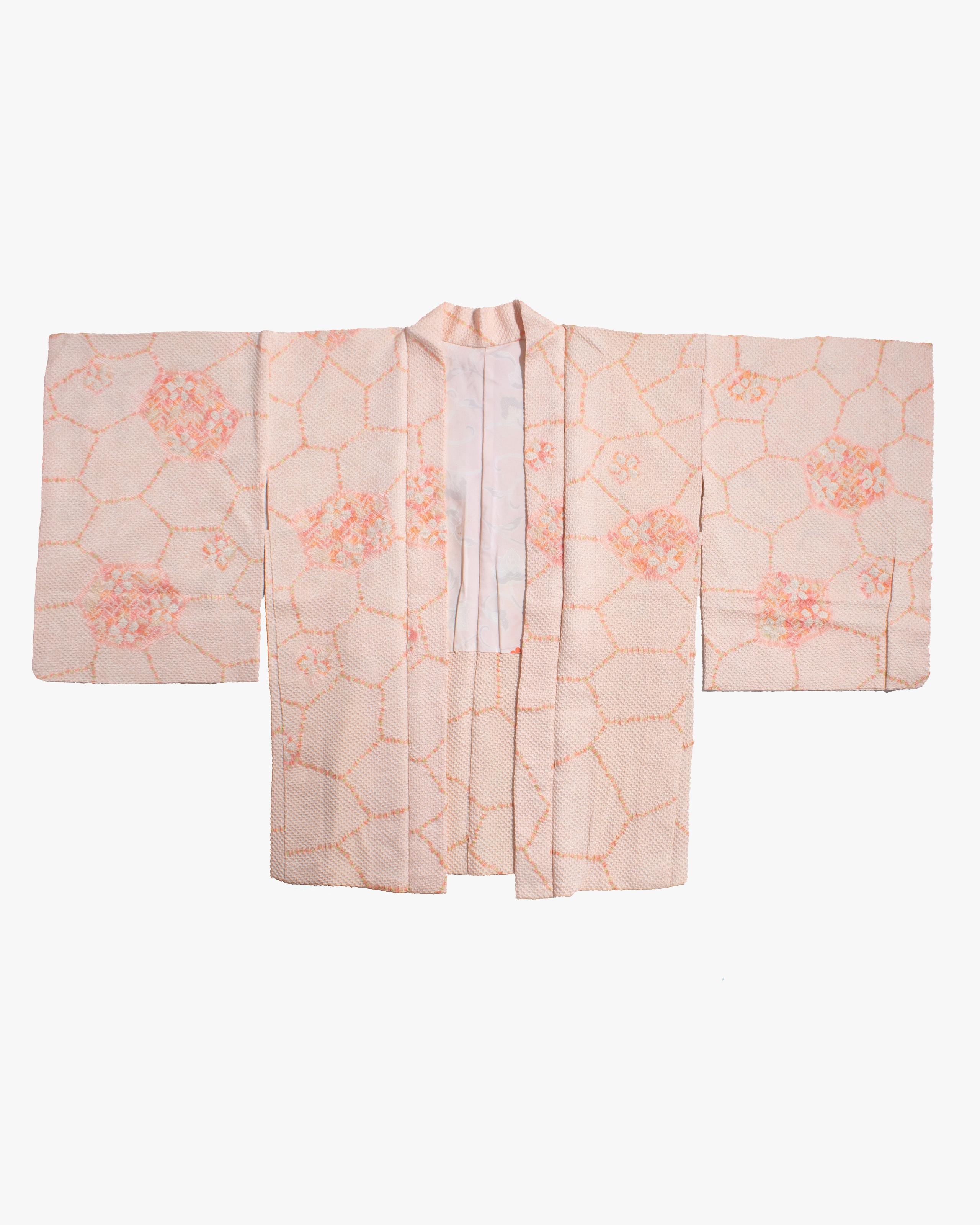 Vintage Haori Jacket, Full Shibori, Light Pink with Floral