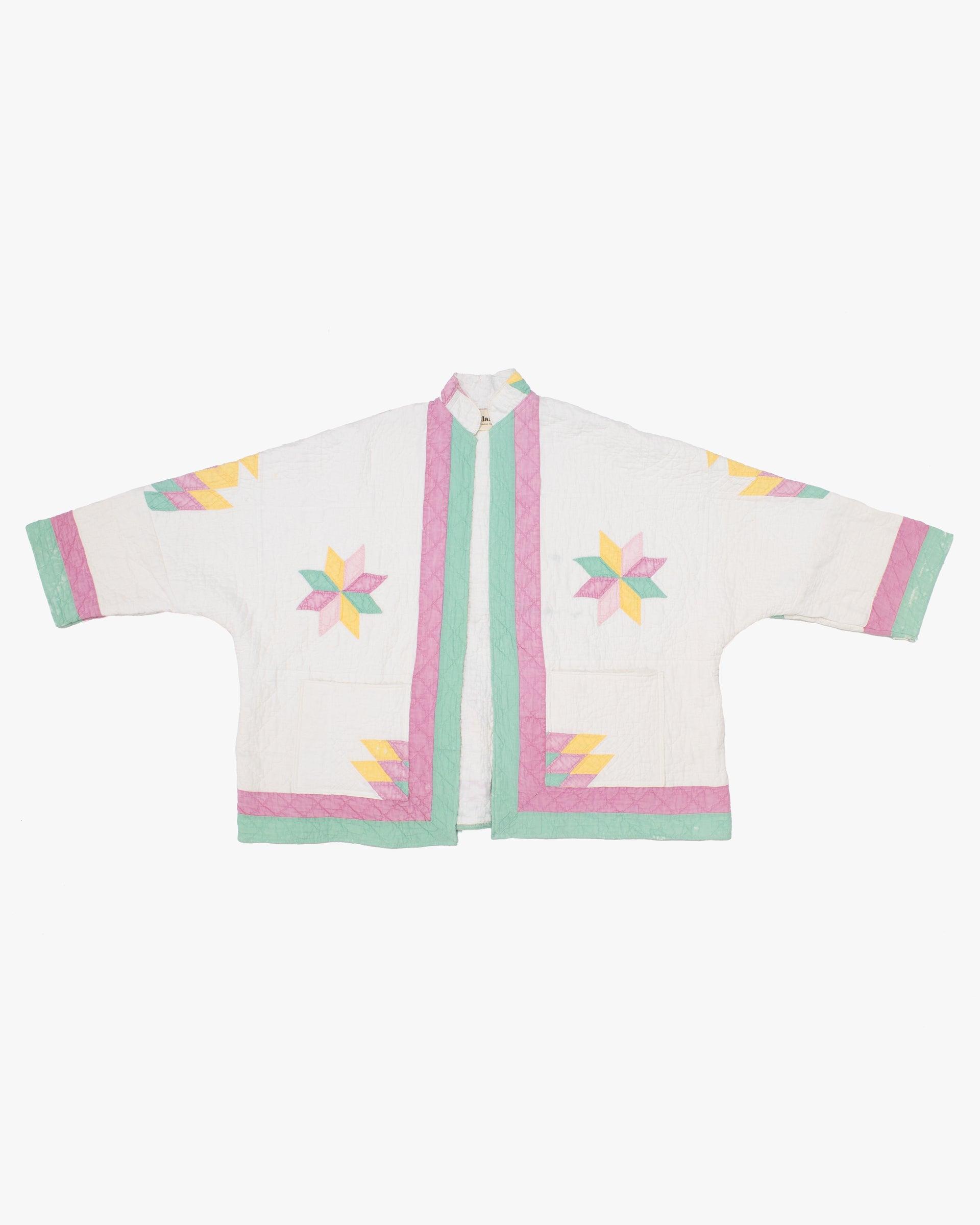 Stand-up Collar Haori Jacket, Quilted, White with Pastel Accents