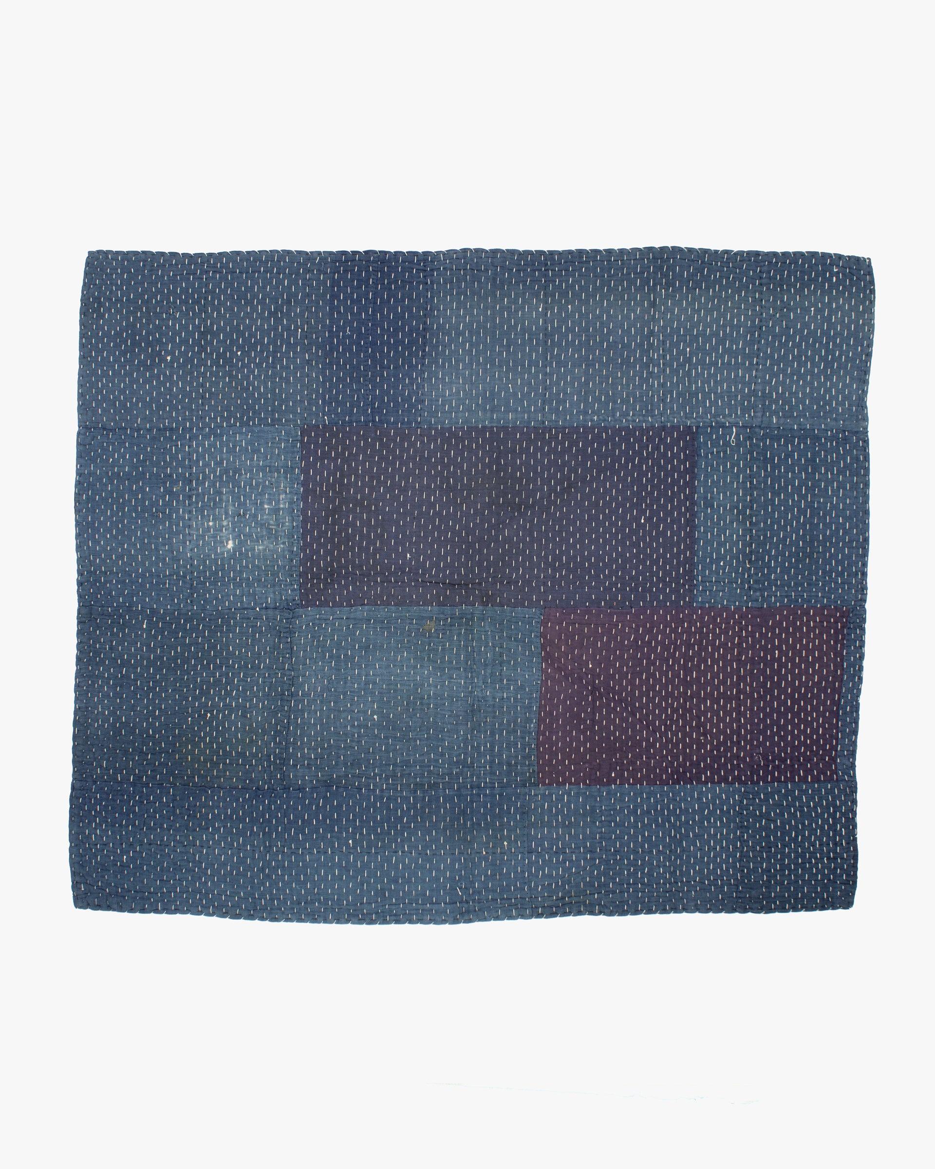 Vintage Boro Blanket, Indigo Patchwork and Muted Gray and Yellow Plaid