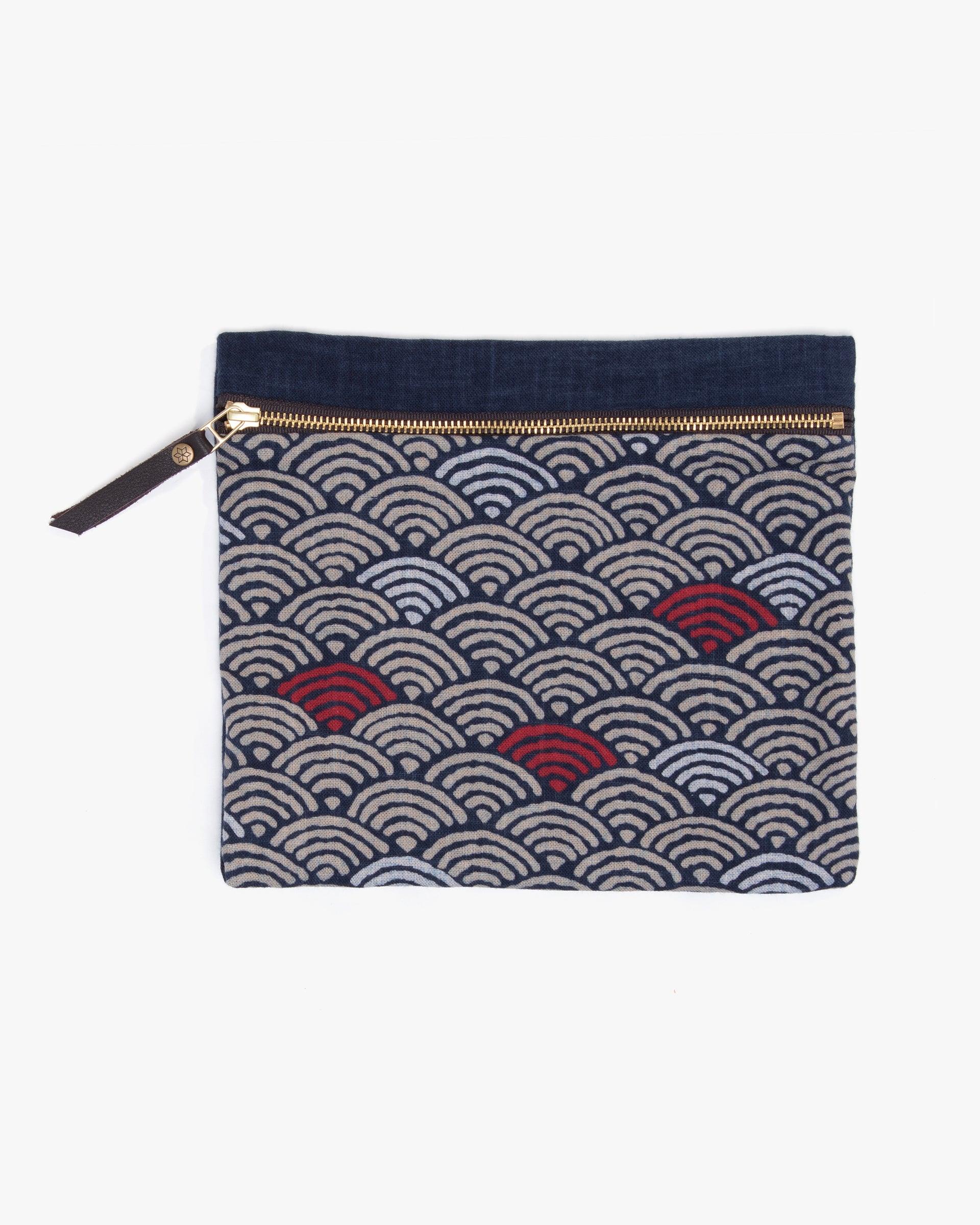 Kiriko Original Flat Medium Zipper Pouch, Two Tone Indigo Seigaiha with Red