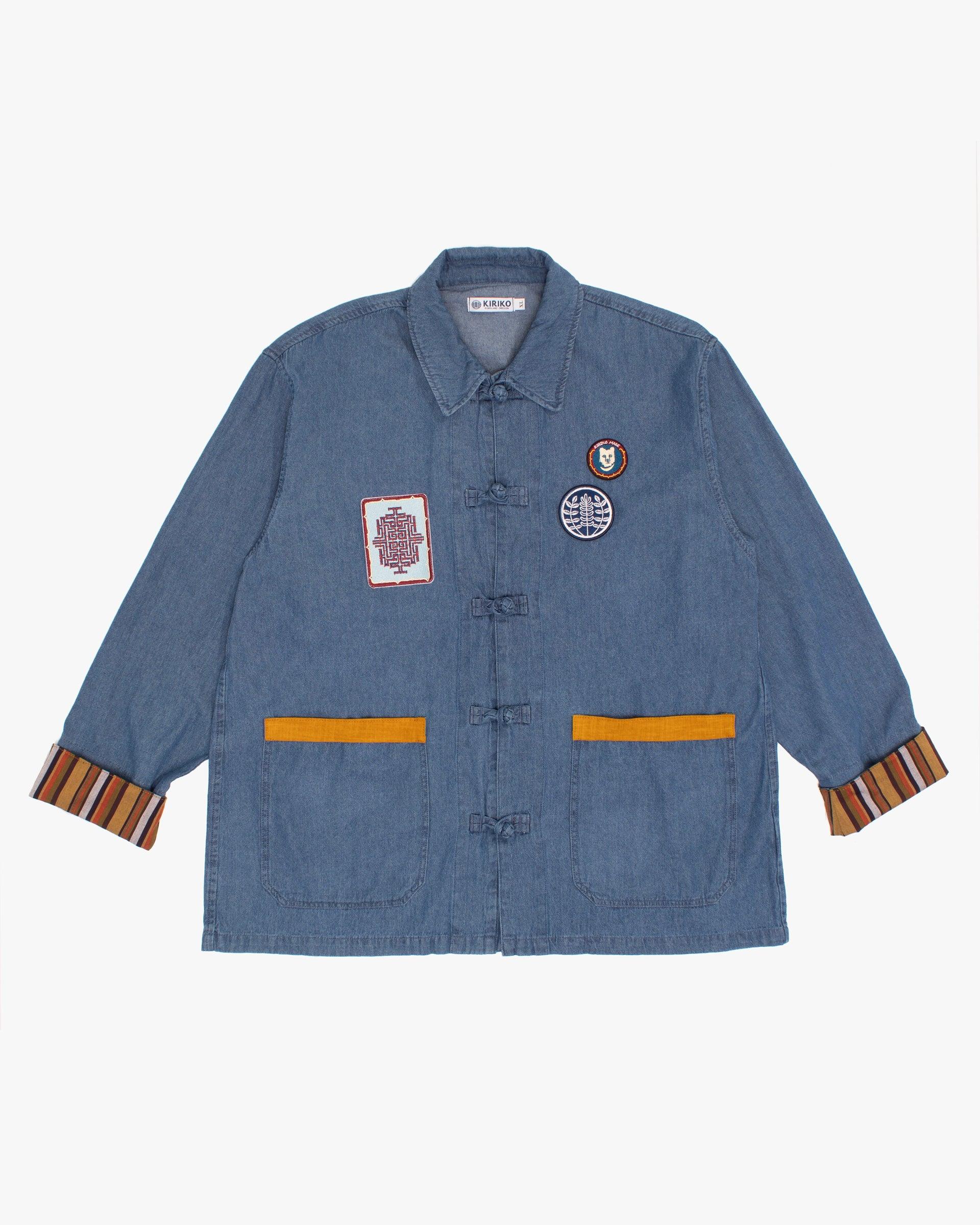 Kiriko Original Lightweight Mandarin Jacket, Light Indigo Denim with Patches and Yellow Shima