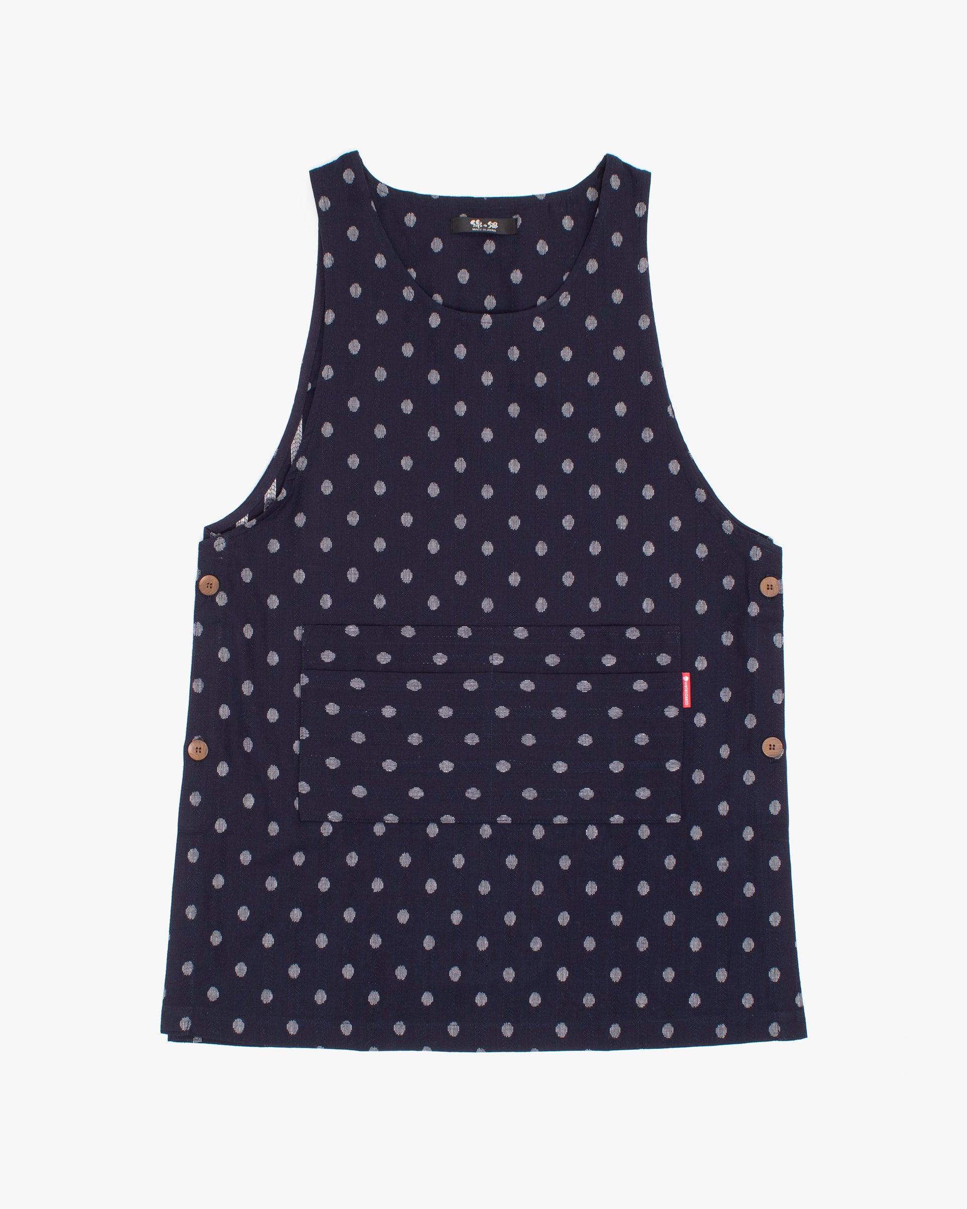 Japanese Apron, Button Up Side, Indigo with Medium White Dots