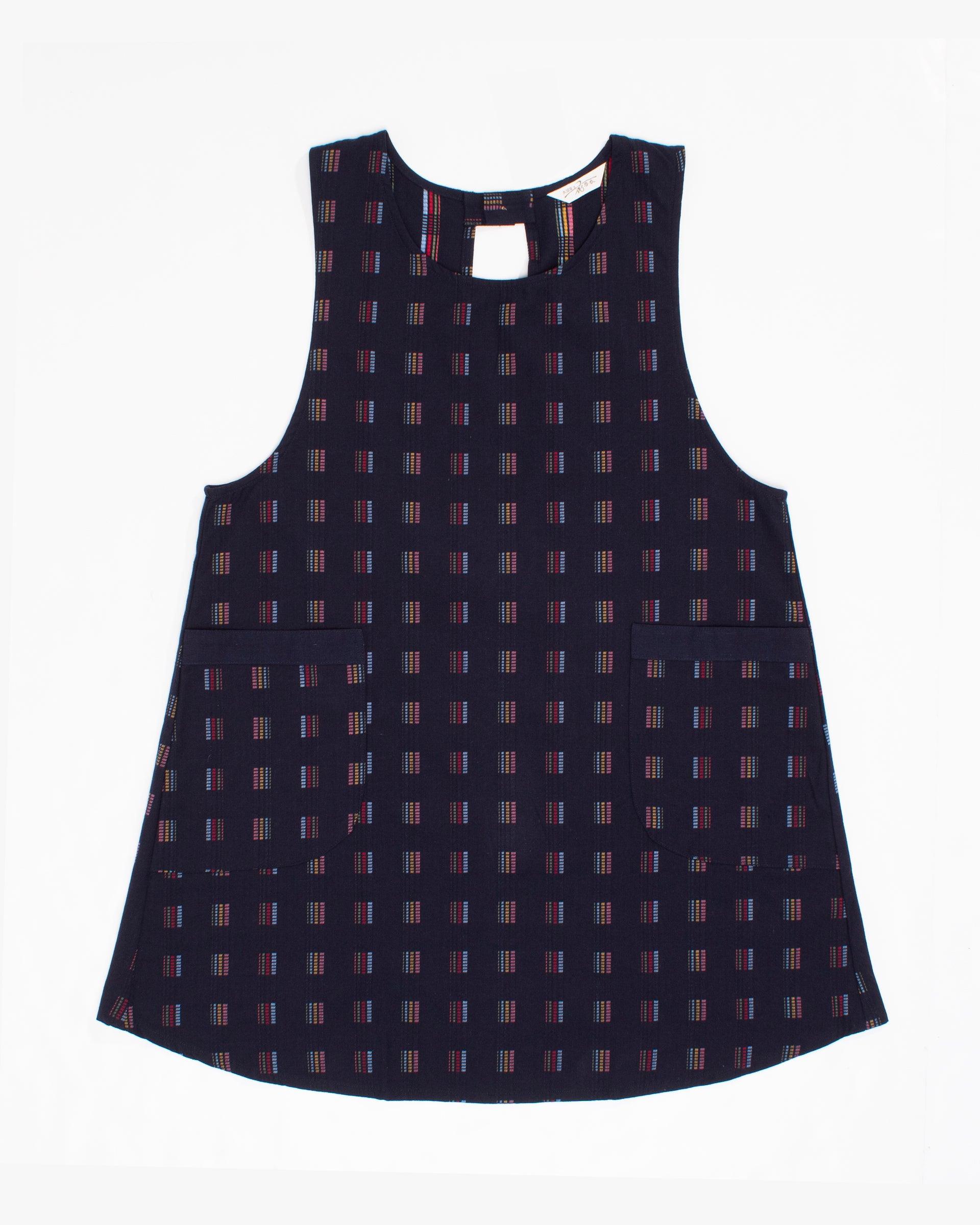 Japanese Apron, Indigo Pockets, Indigo with Multi Color Squares