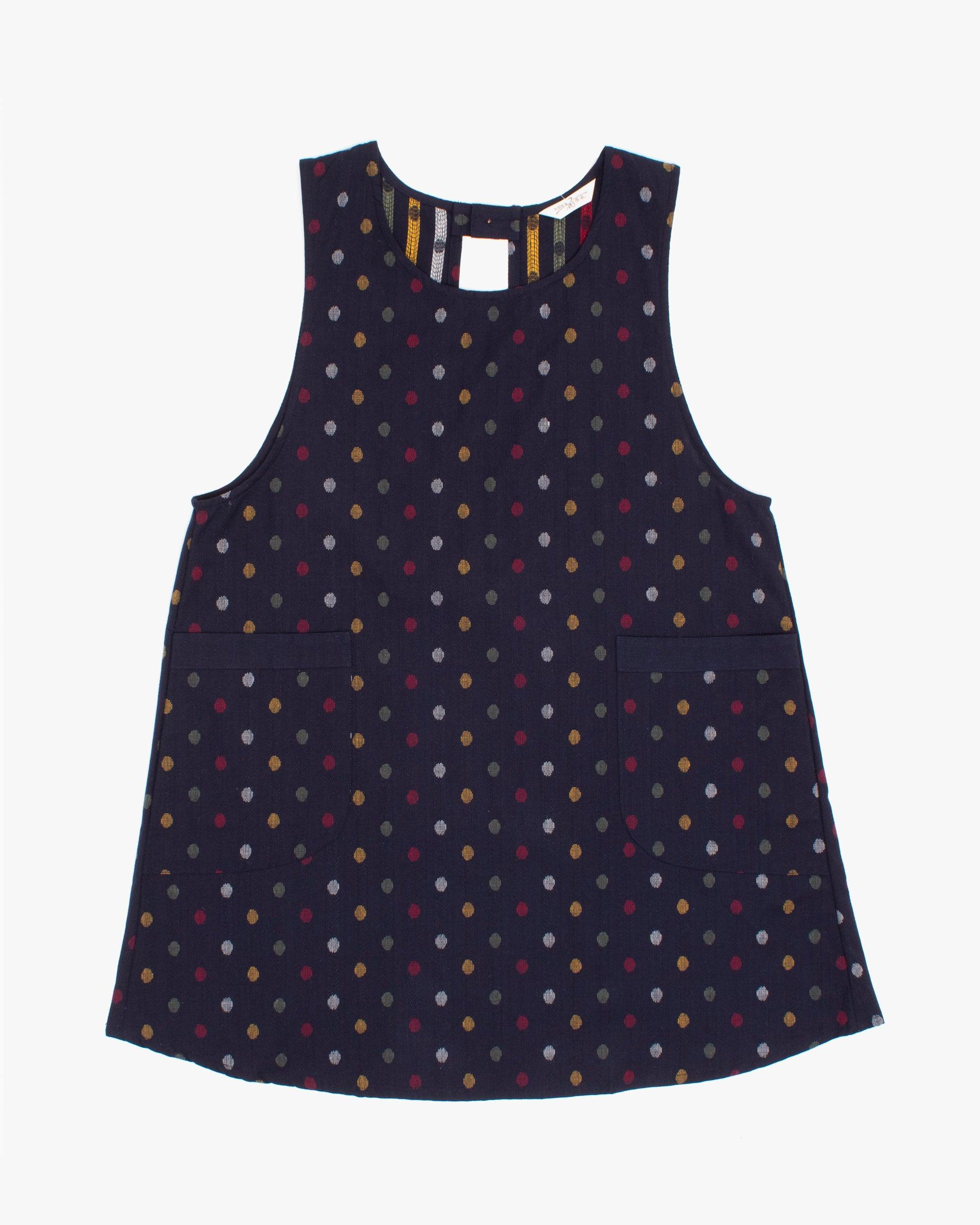 Japanese Apron, Indigo Pockets, Indigo with Red, Yellow, Green, and White Dots