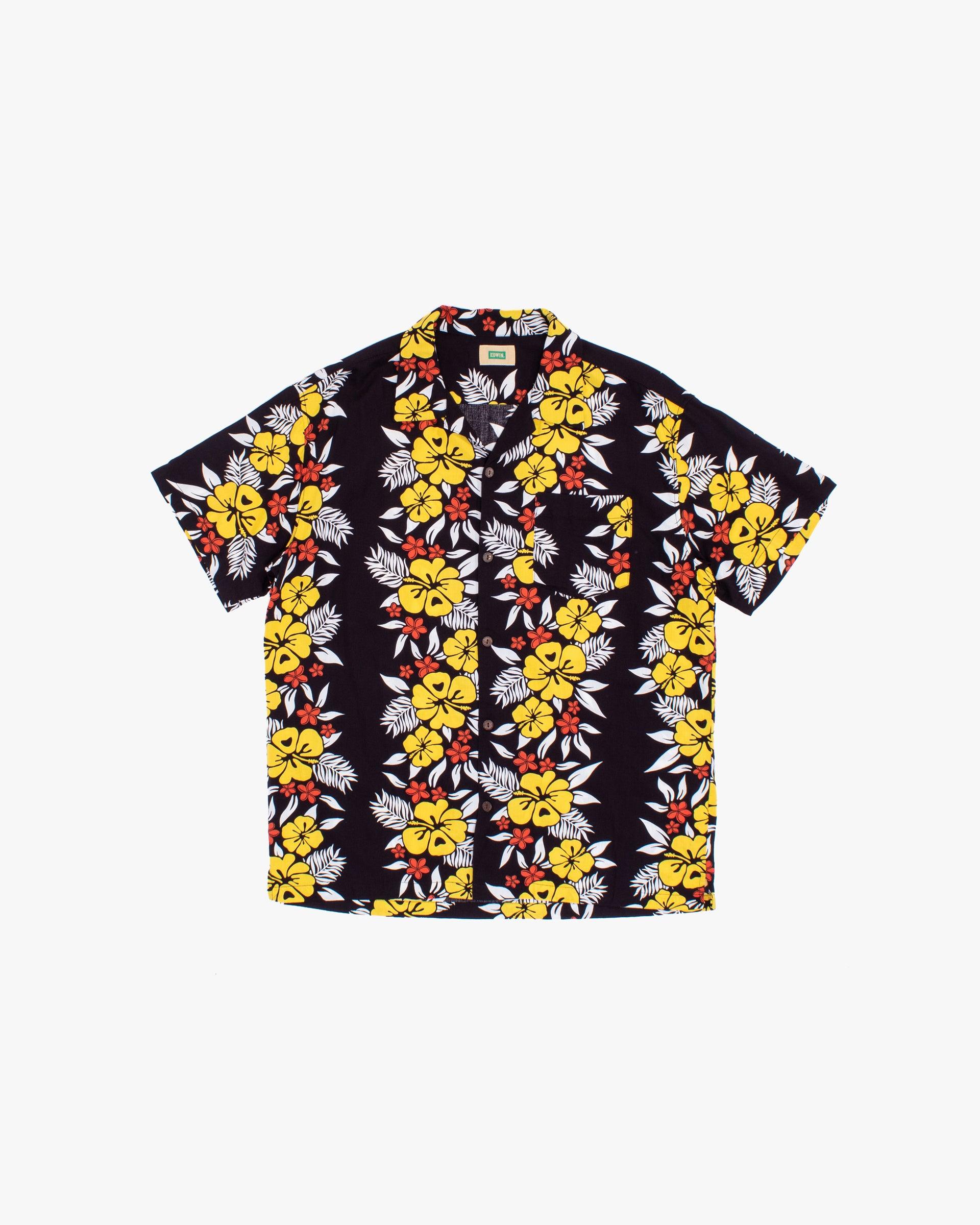 Shirt, Short Sleeve Aloha Shirt, M, Edwin, Yellow Hibiscus Flowers on Black