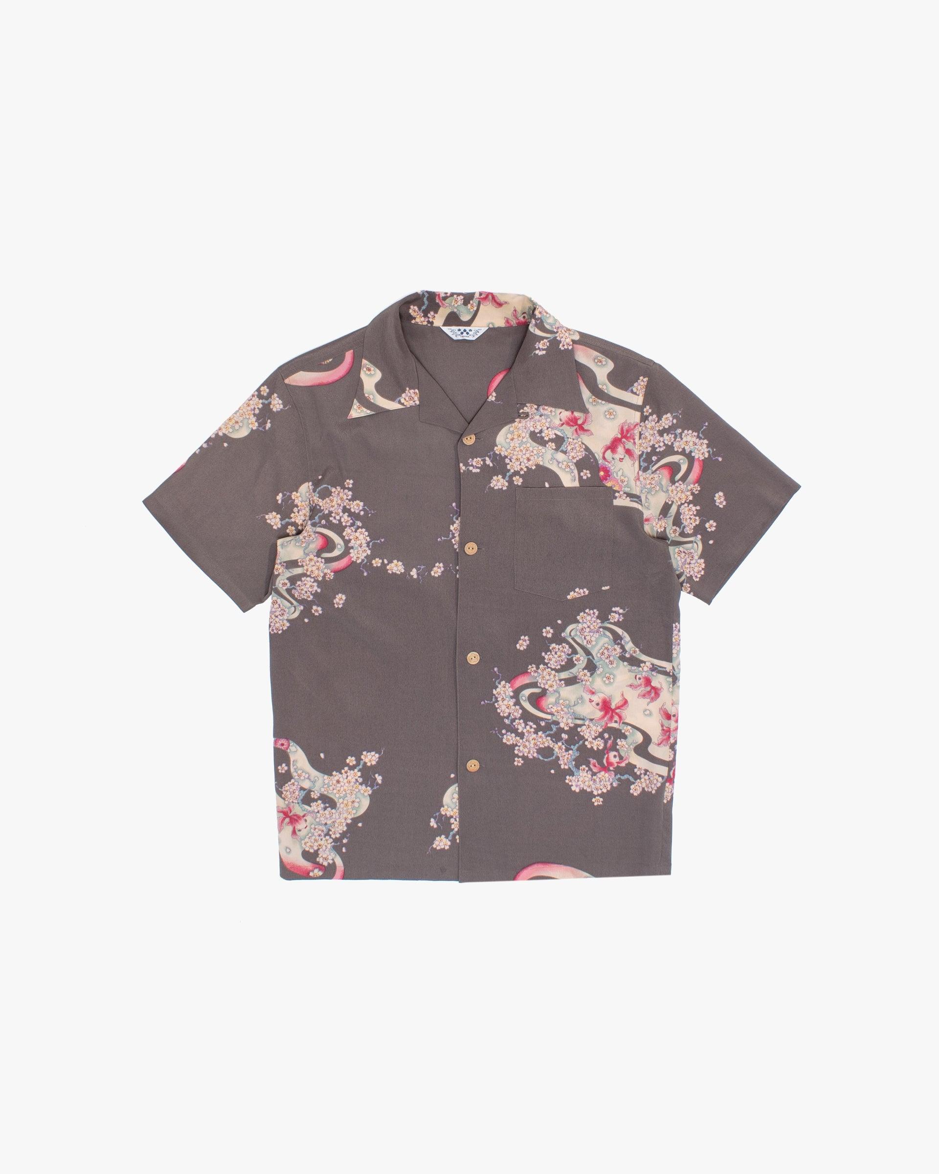Shirt, Short Sleeve Aloha Shirt, M, Chikiriya, Goldfish on Grey
