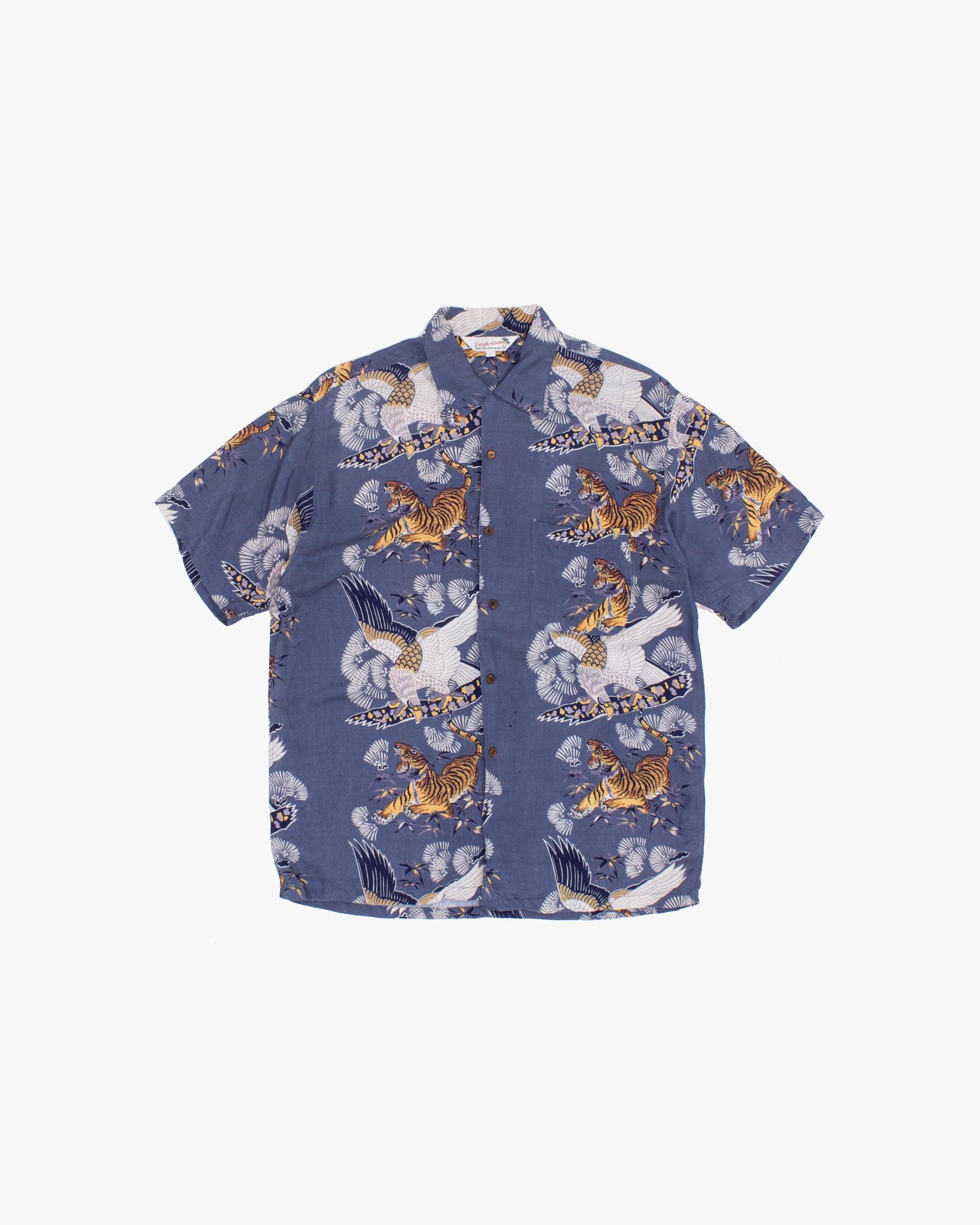 Shirt, Short Sleeve Aloha Shirt, L, Jungle Storm, Tiger and Eagle on Blue