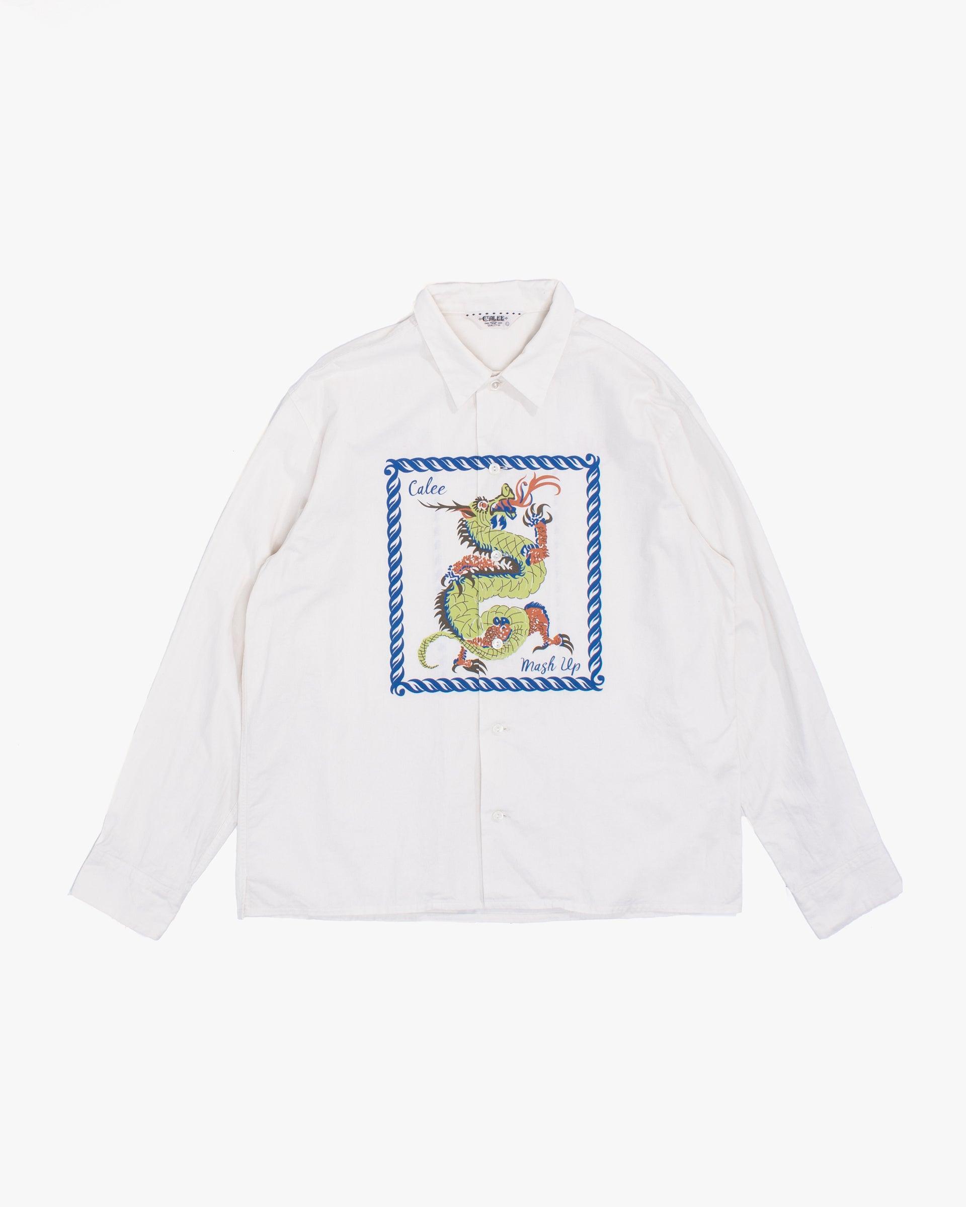 Long-Sleeve Shirt, L, Calee, Green and Blue Dragon on Off-White
