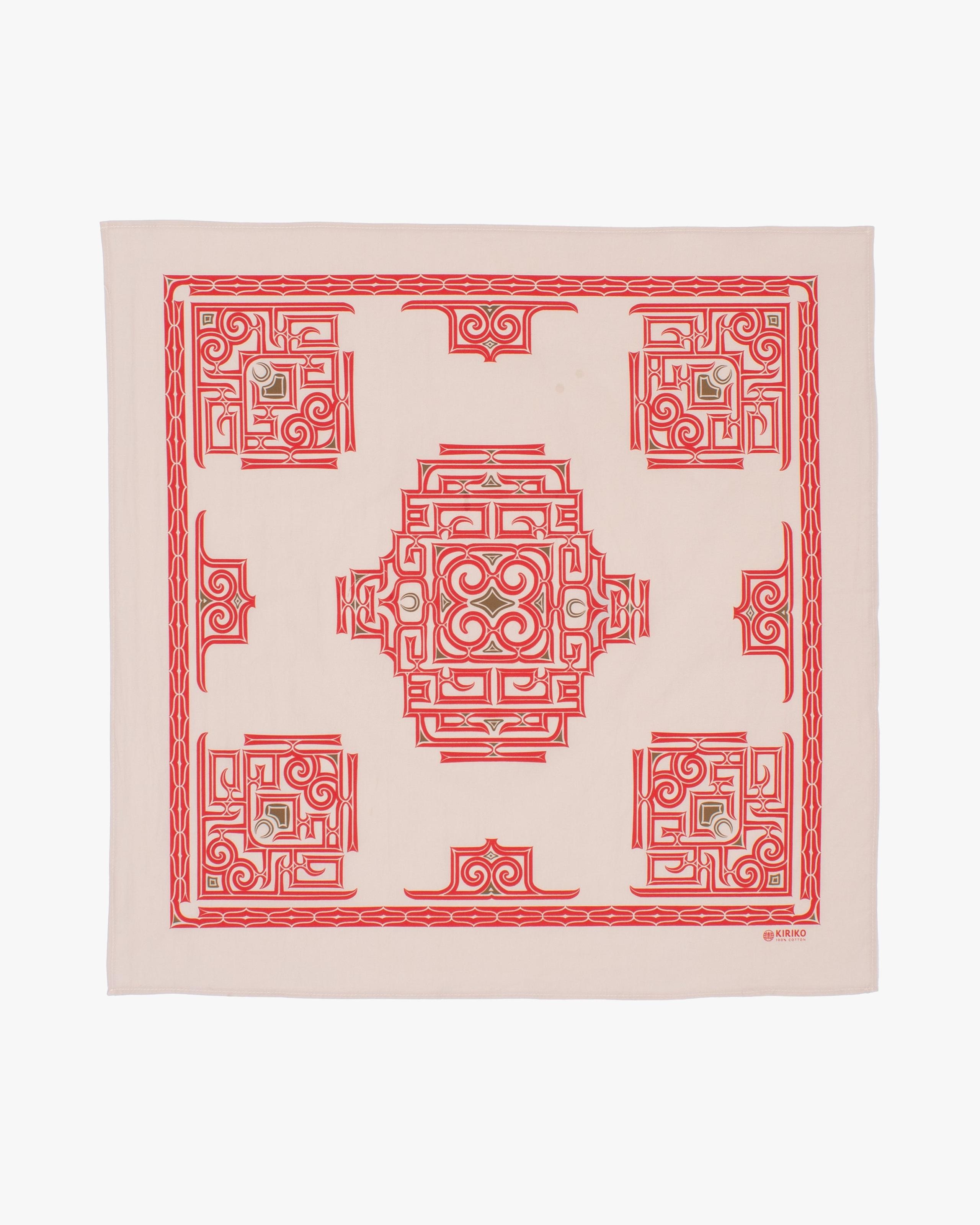 Kiriko Original Screen Printed, Custom-Dyed Bandana, Cream with Red Ainu