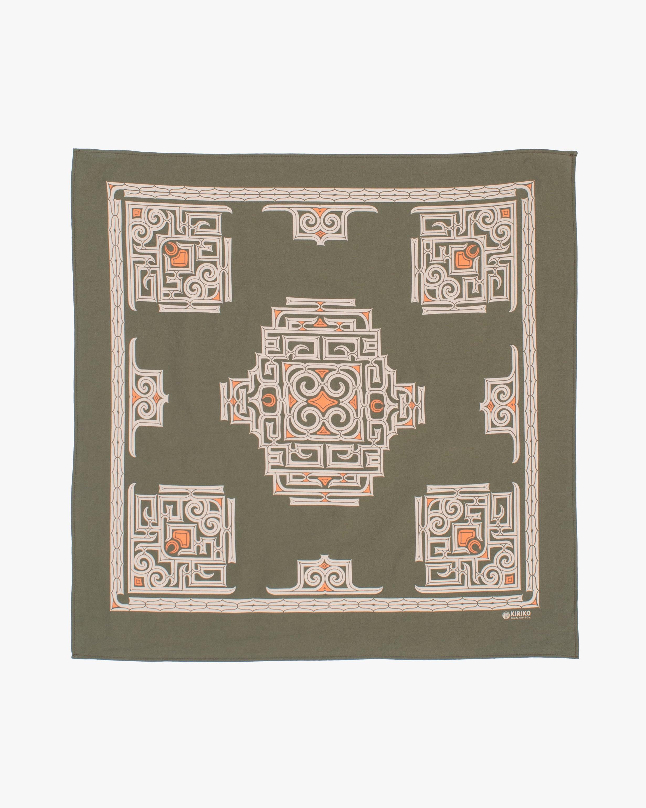 Kiriko Original Screen Printed, Custom-Dyed Bandana, Olive Green Ainu