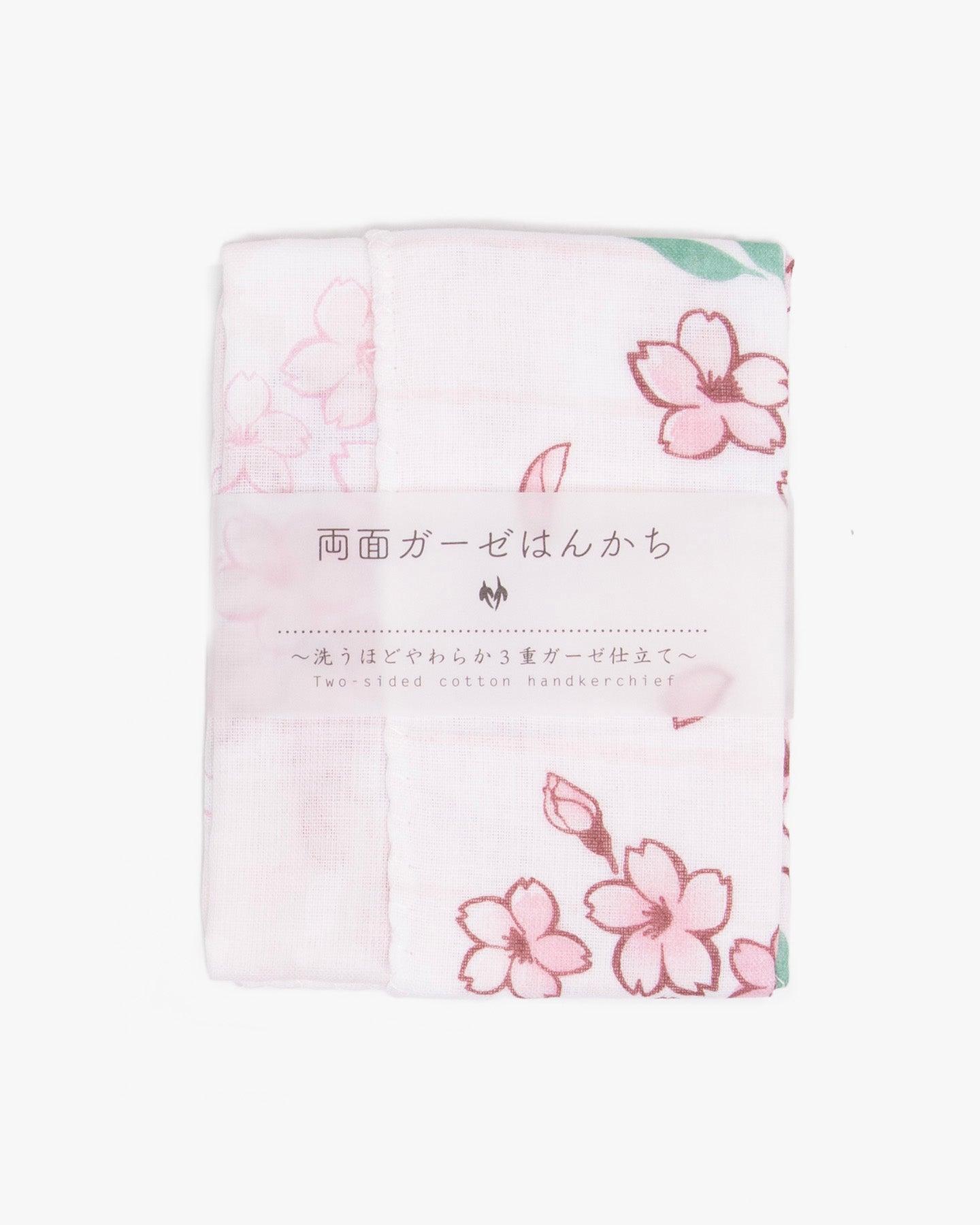 , Two-Sided Cotton Handkerchief, White with Sakura