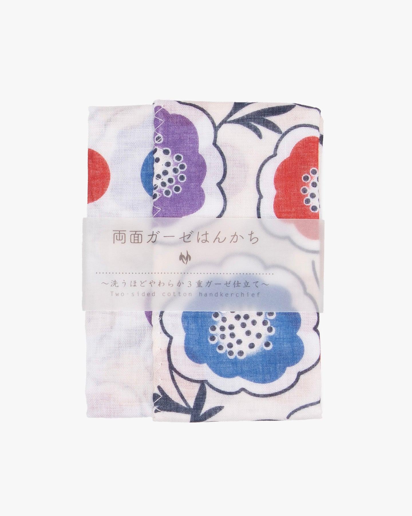 , Two-Sided Cotton Handkerchief, White with Red, Purple and Blue Flowers