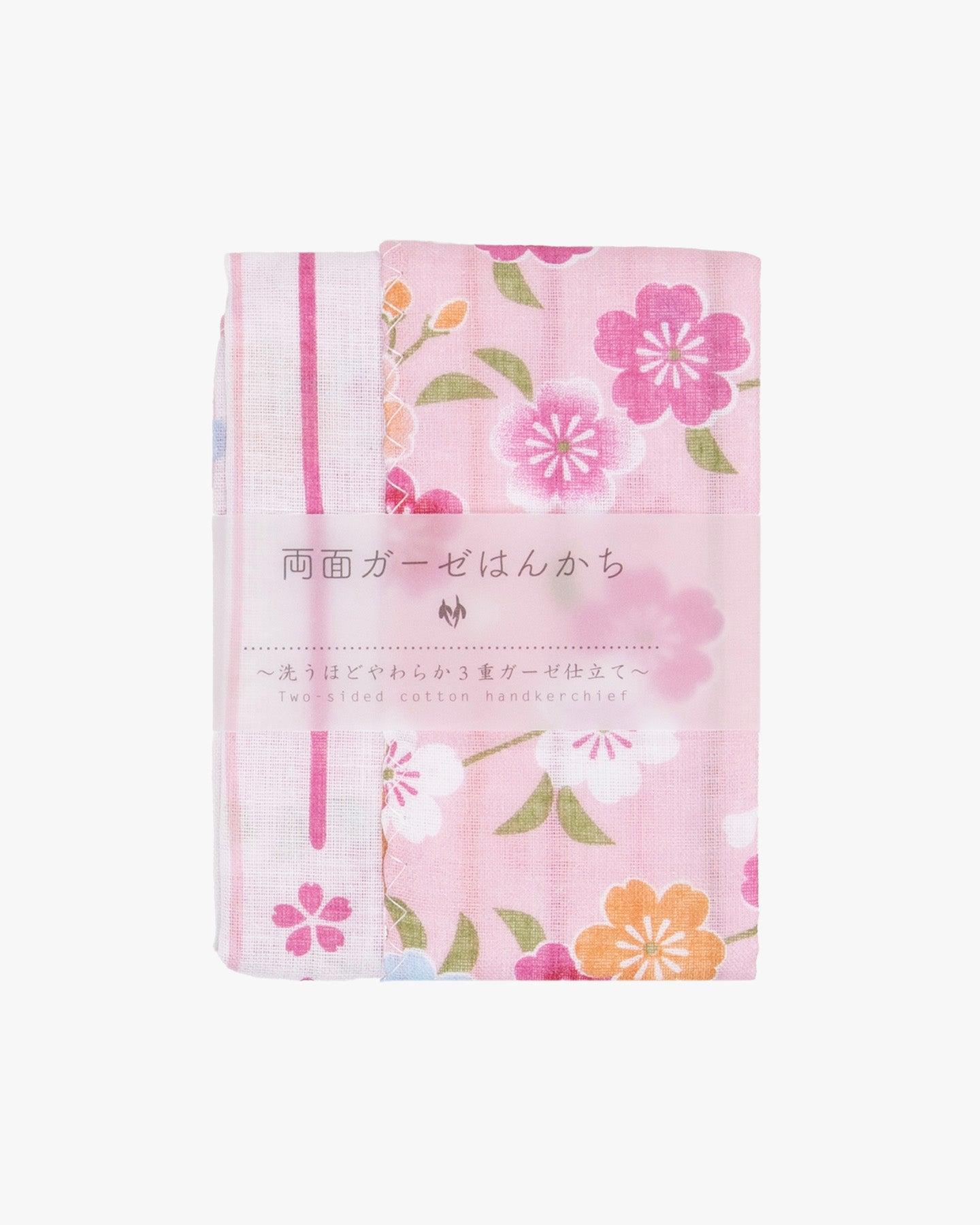 , Two-Sided Cotton Handkerchief, Pink with Flowers and Shima