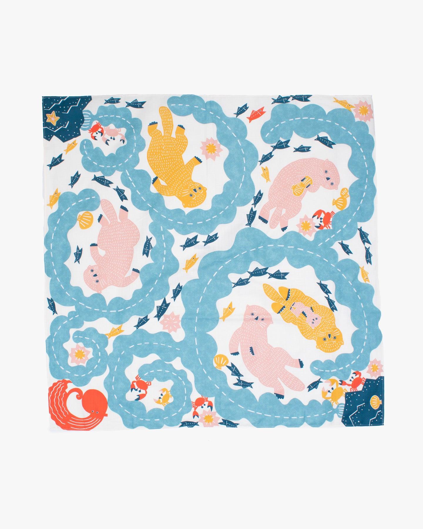 Modern Furoshiki, Musubi, Katakata, Otter on Cream, 41 x 41