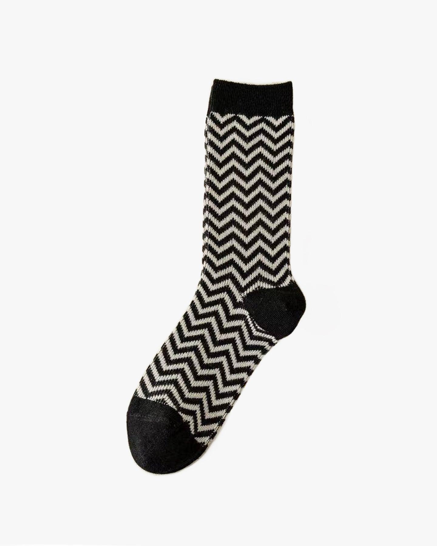 , Crew Socks, Black and White Check, Diamond Knit