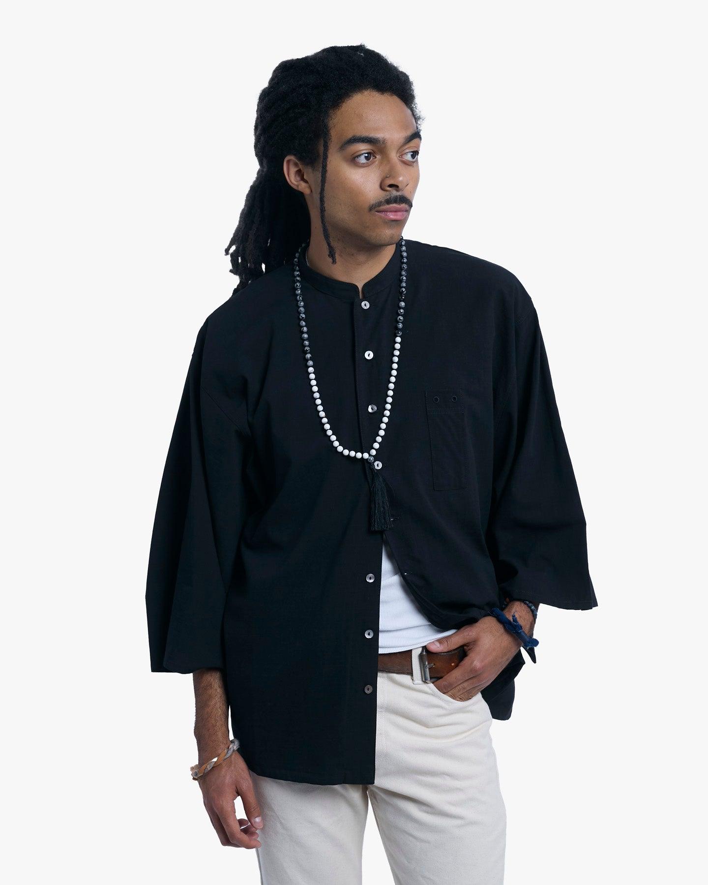 , Long Sleeve Button Up Tunic, Embroidered, Black