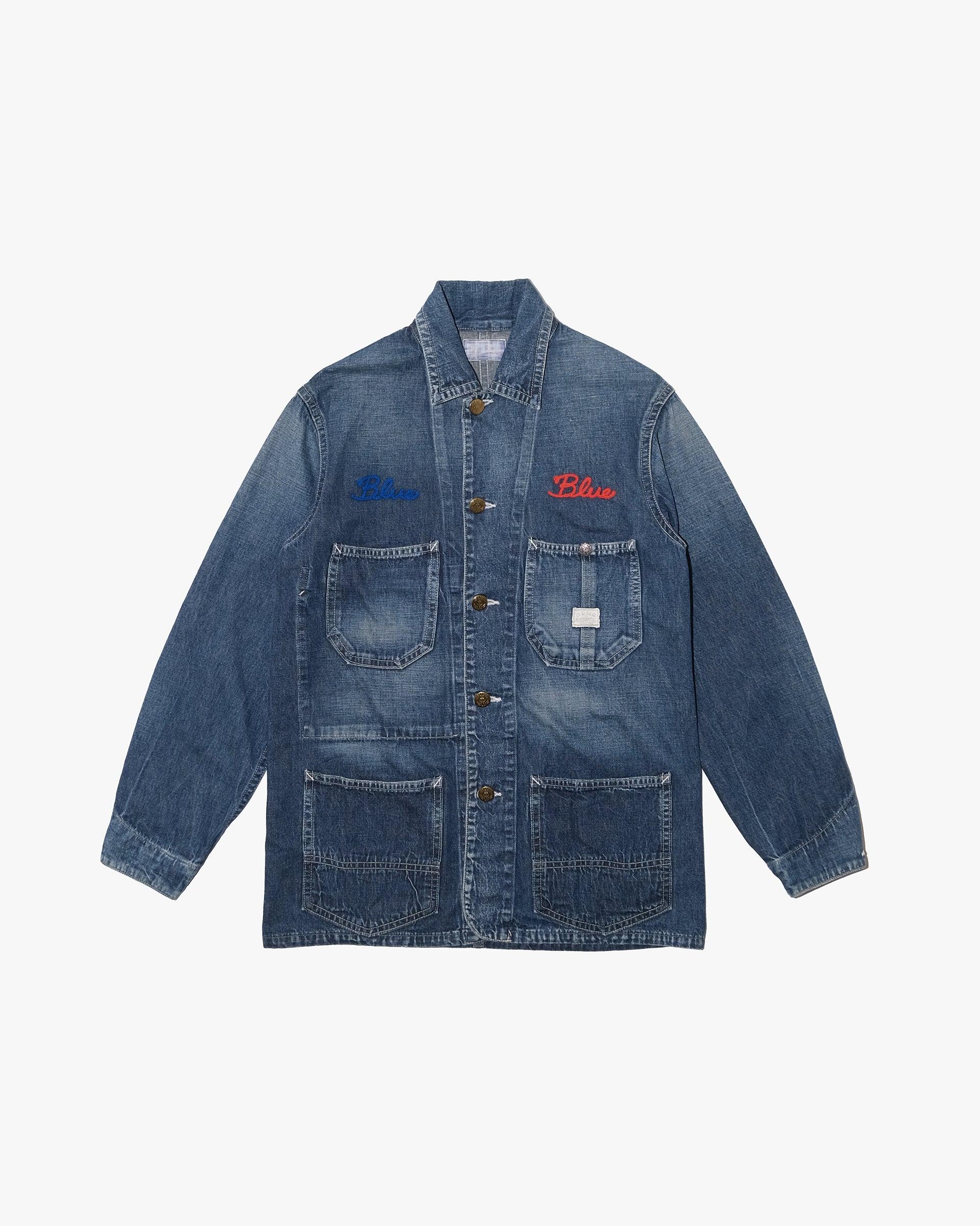 Denim Work Jacket, S, Blue Blue, Indigo with Embroidered Lettering