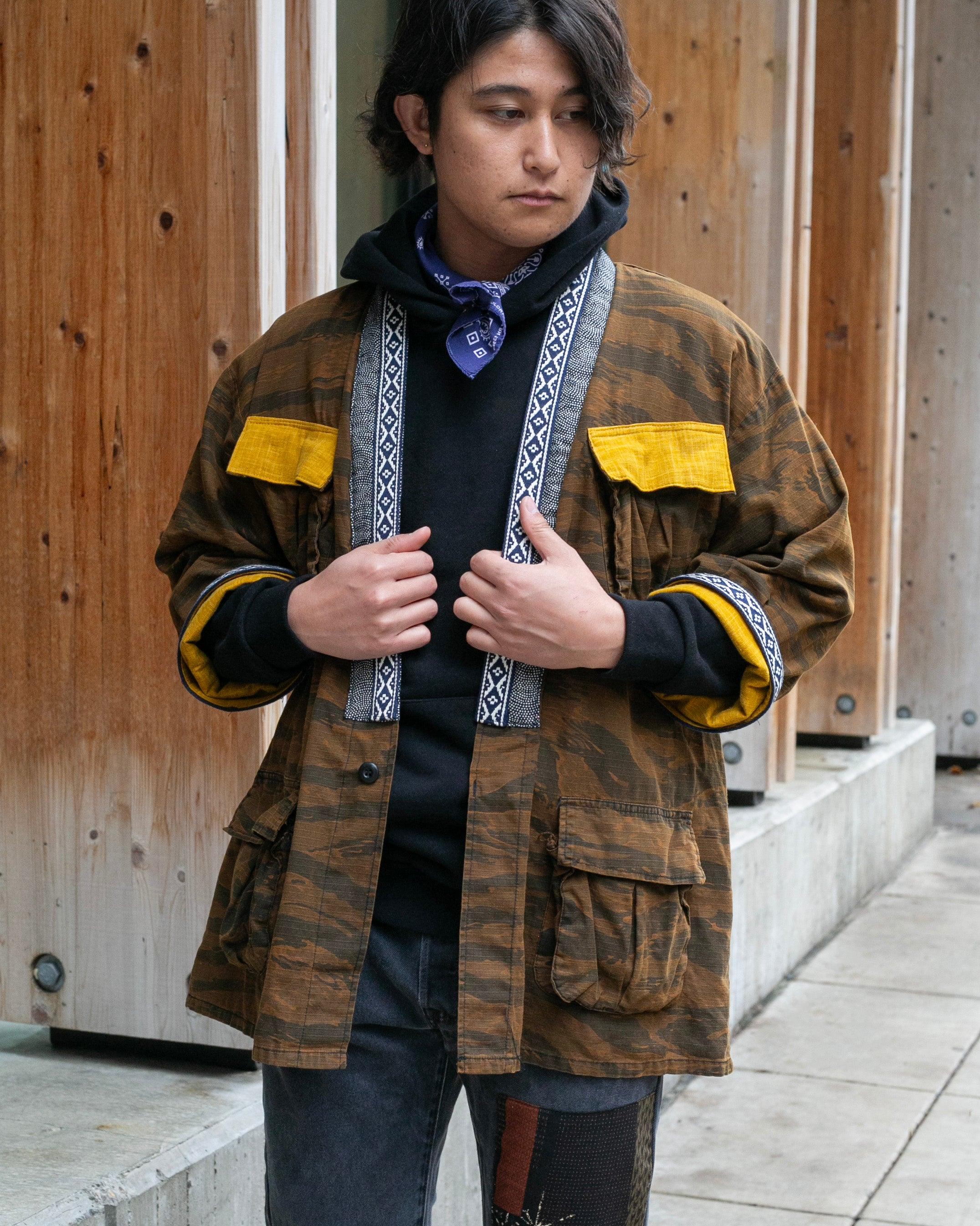Kiriko Custom Military Jacket, Koi Dragon, Mustard Overdyed with Hishi Webbing Collar