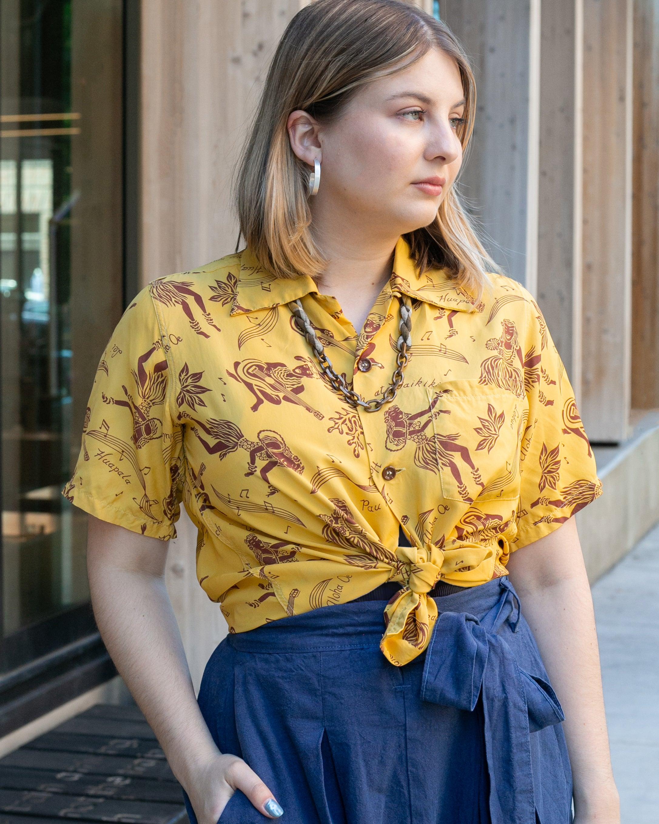 , Short Sleeve Aloha Shirt, Sun Surf Brand, Yellow with Musical Dancers - S