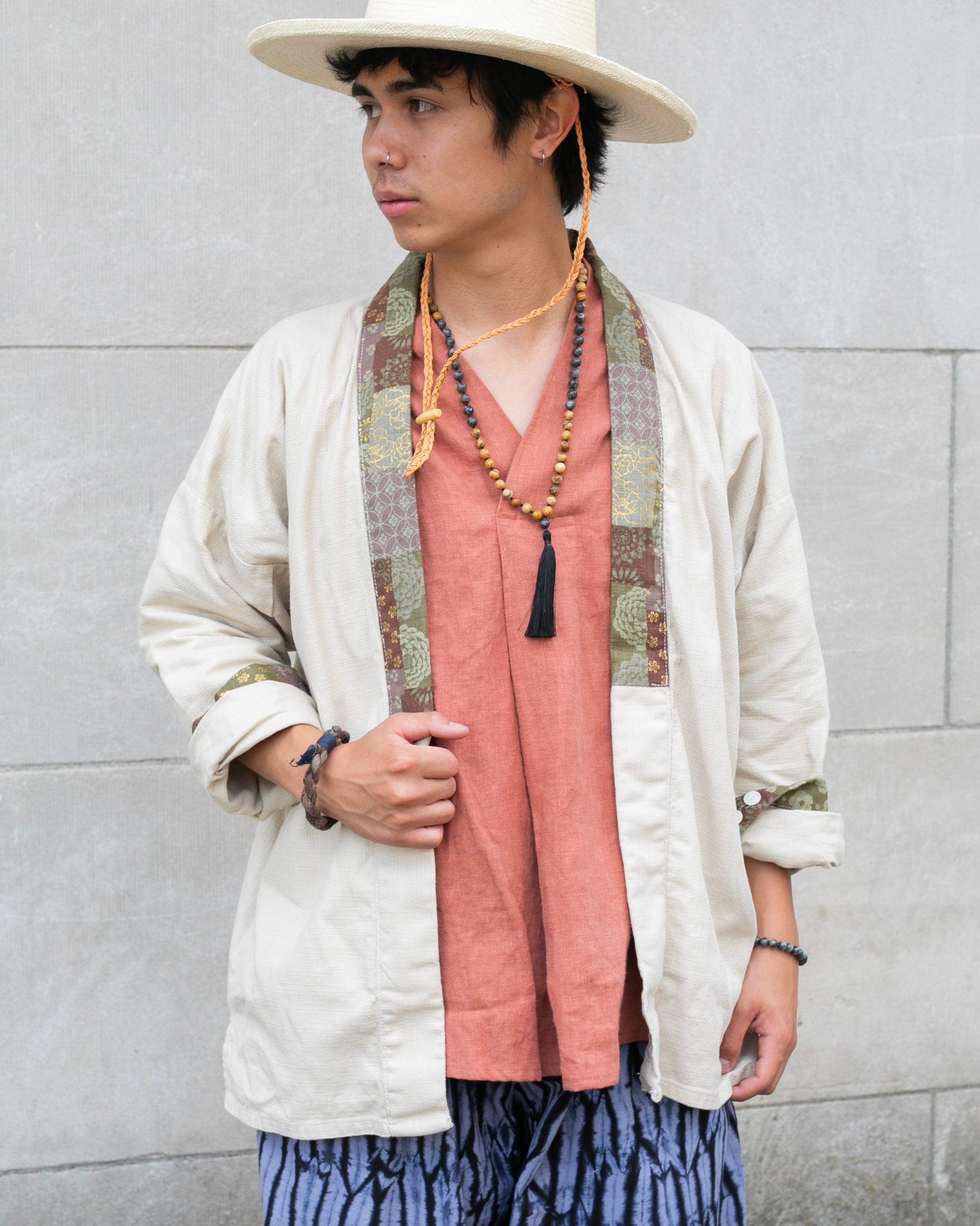 Kiriko Original Jacket, Modern Noragi, Cream and Multi Patchwork, Azuki and Gold