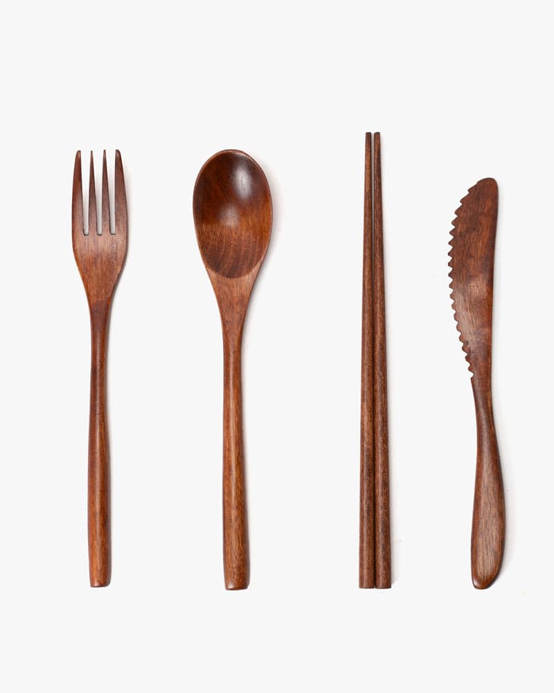 Wooden Utensils, Chopsticks, Spoon, Fork and Knife Set of 4, With Case