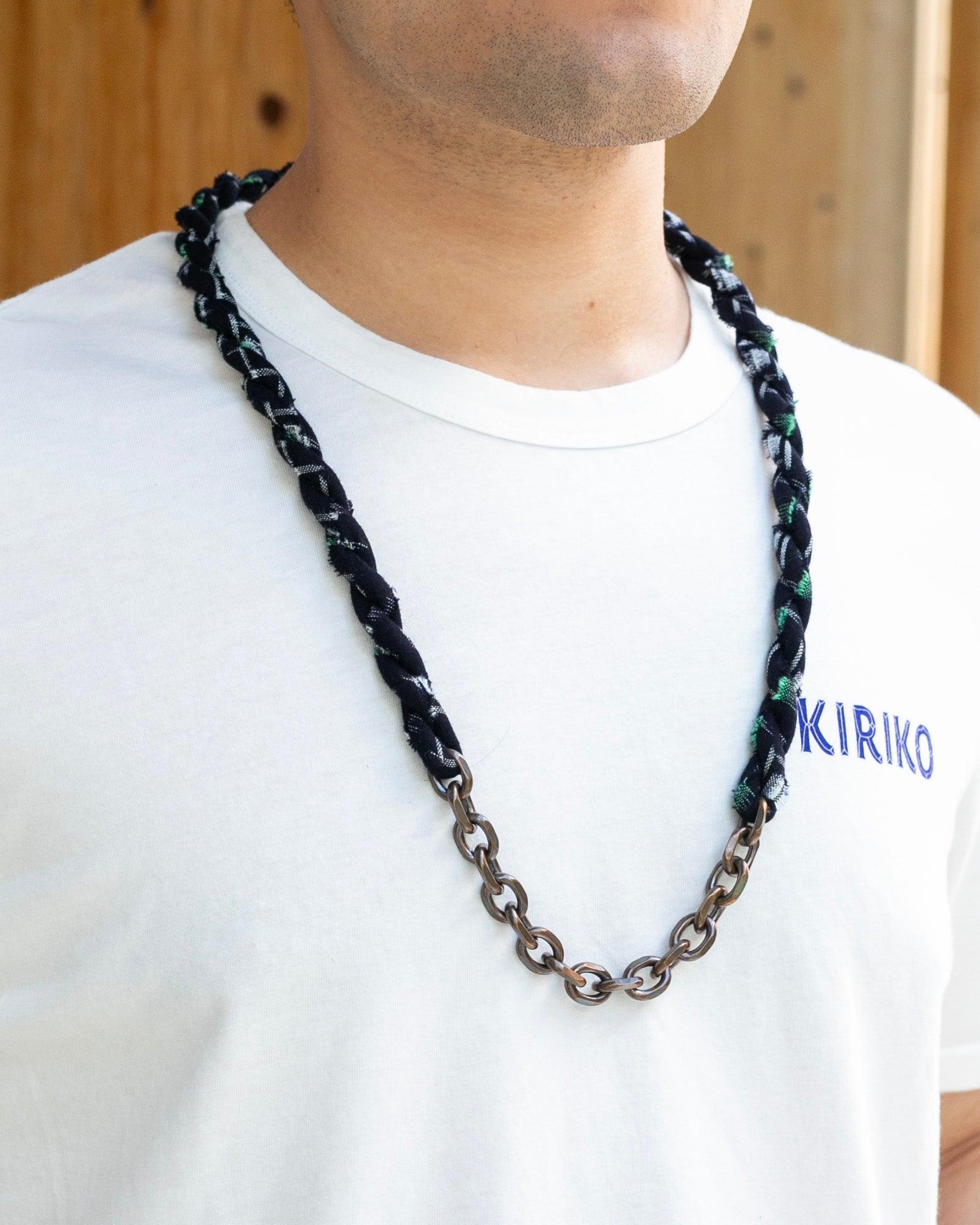 x Kiriko Necklace, Dark Indigo with White and Green Kasuri