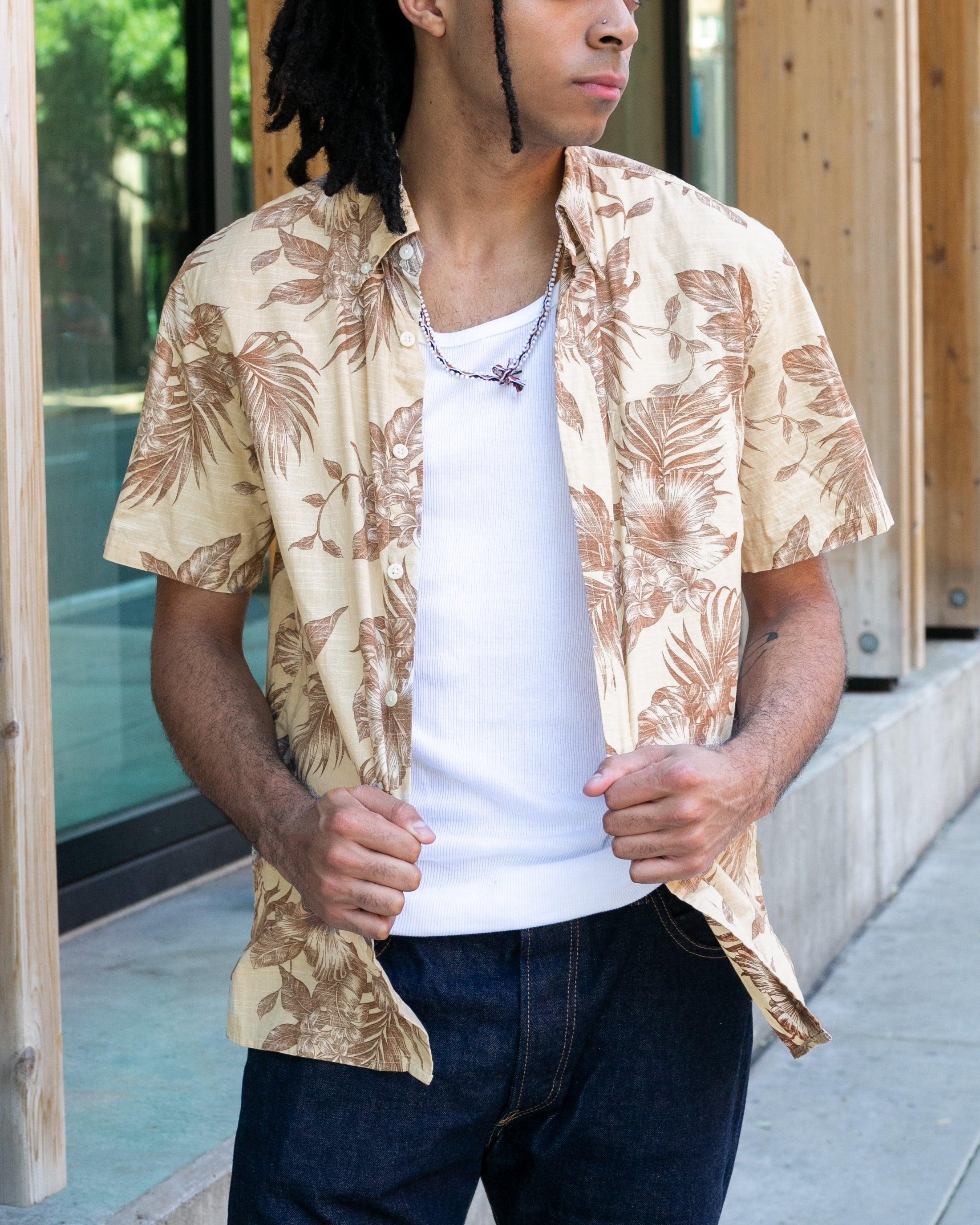 , Short Sleeve Aloha Shirt, Hawaiian Aloha Tropical Brand, Cream and Brown Flowers and Leaves