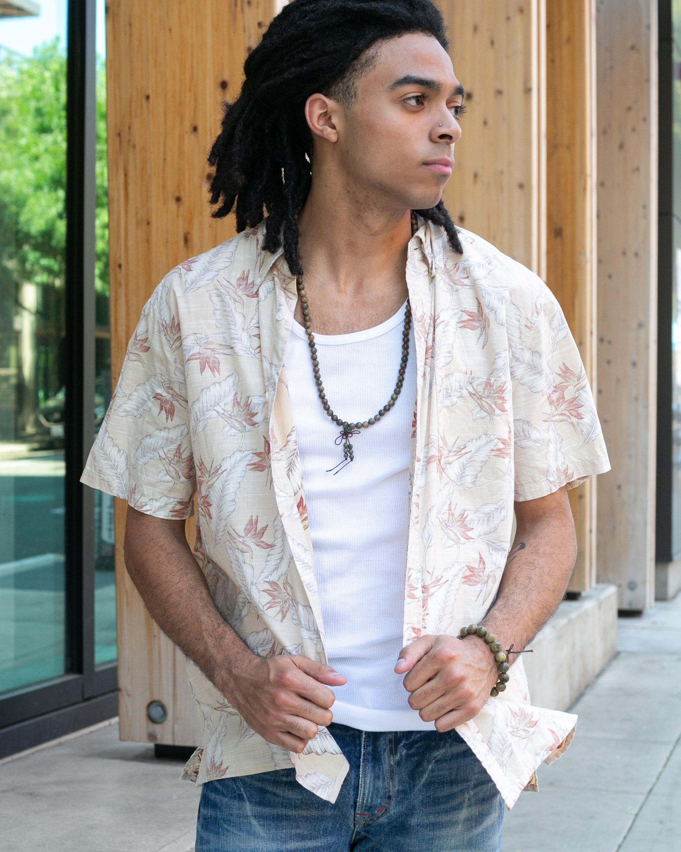 , Short Sleeve Aloha Shirt, Hawaiian Aloha Tropical Brand, Cream and Brown Leaves