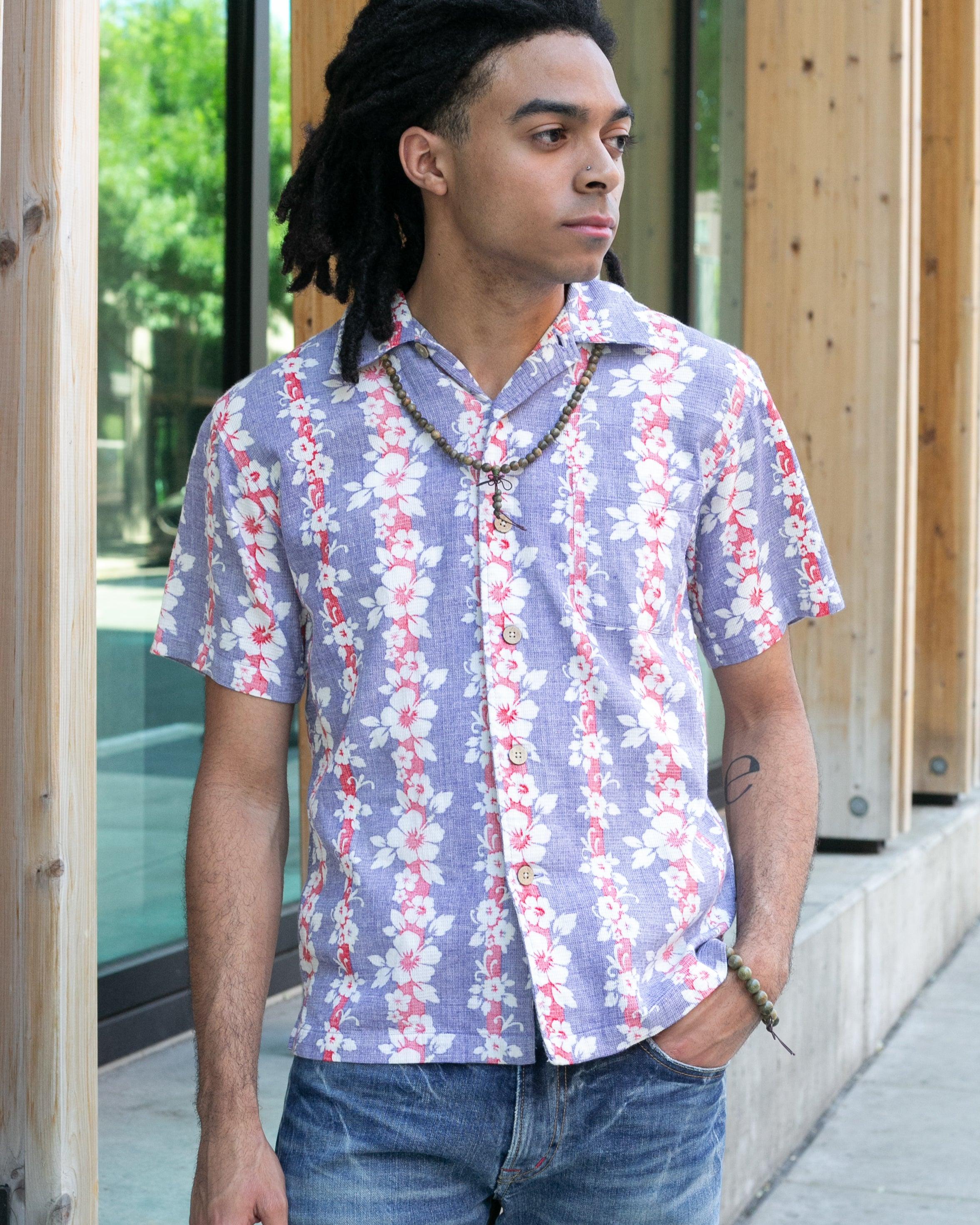 , Short Sleeve Aloha Shirt, Classic Surf Brand, Lavender and Red Flower Shima