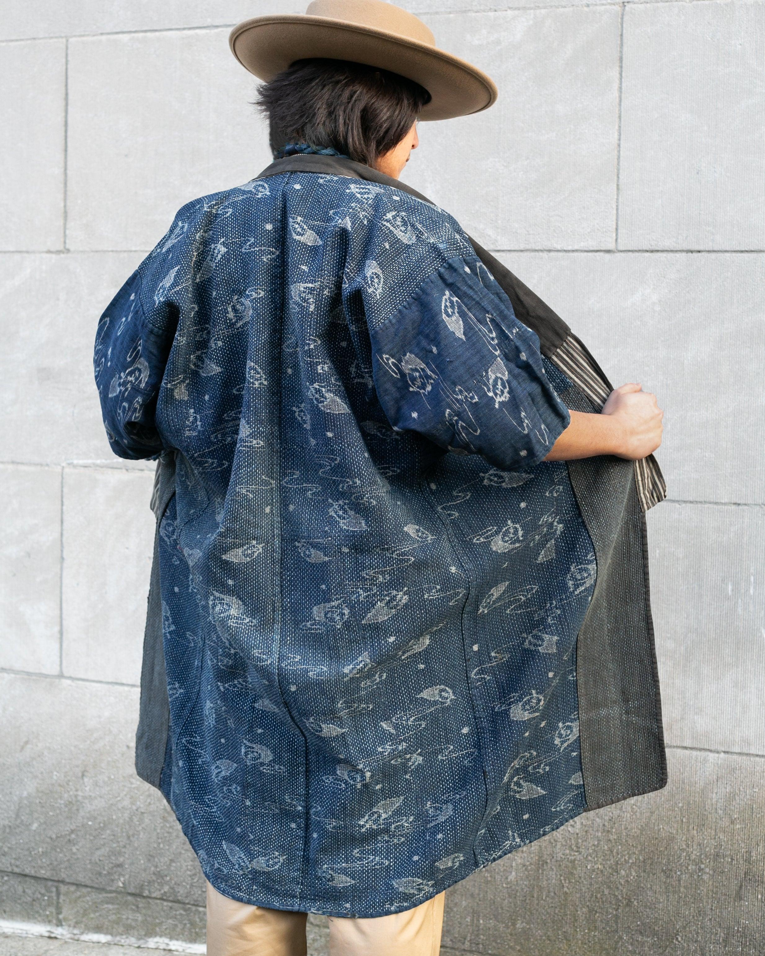 Vintage Boro Noragi Jacket, Indigo Kasuri, Partially Sashiko Stitched