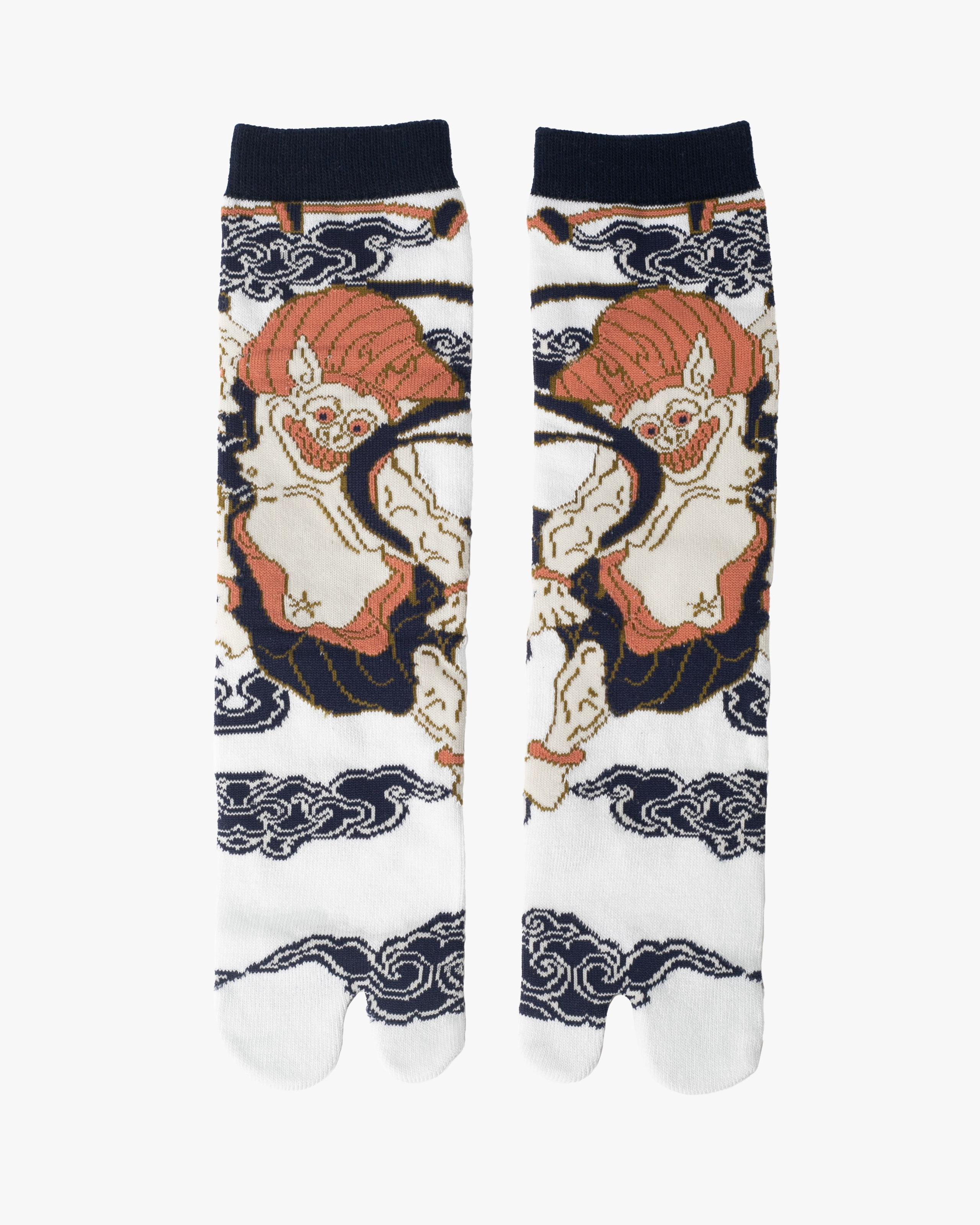 , Tabi Socks, Crew, White, Navy and Coral Pink, Raijin - M/L