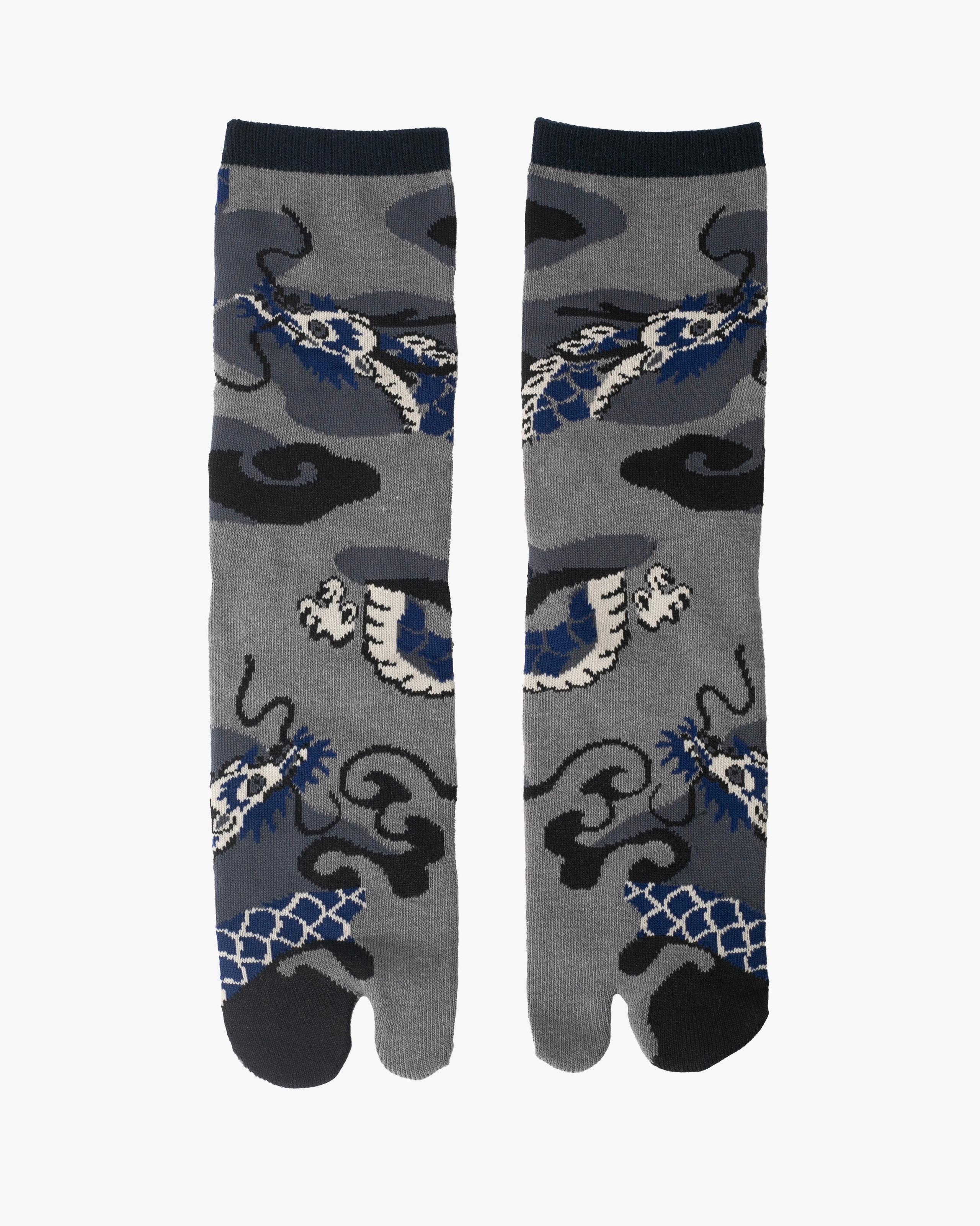 , Tabi Socks, Crew, Gray, Blue and Black Dragon - M/L