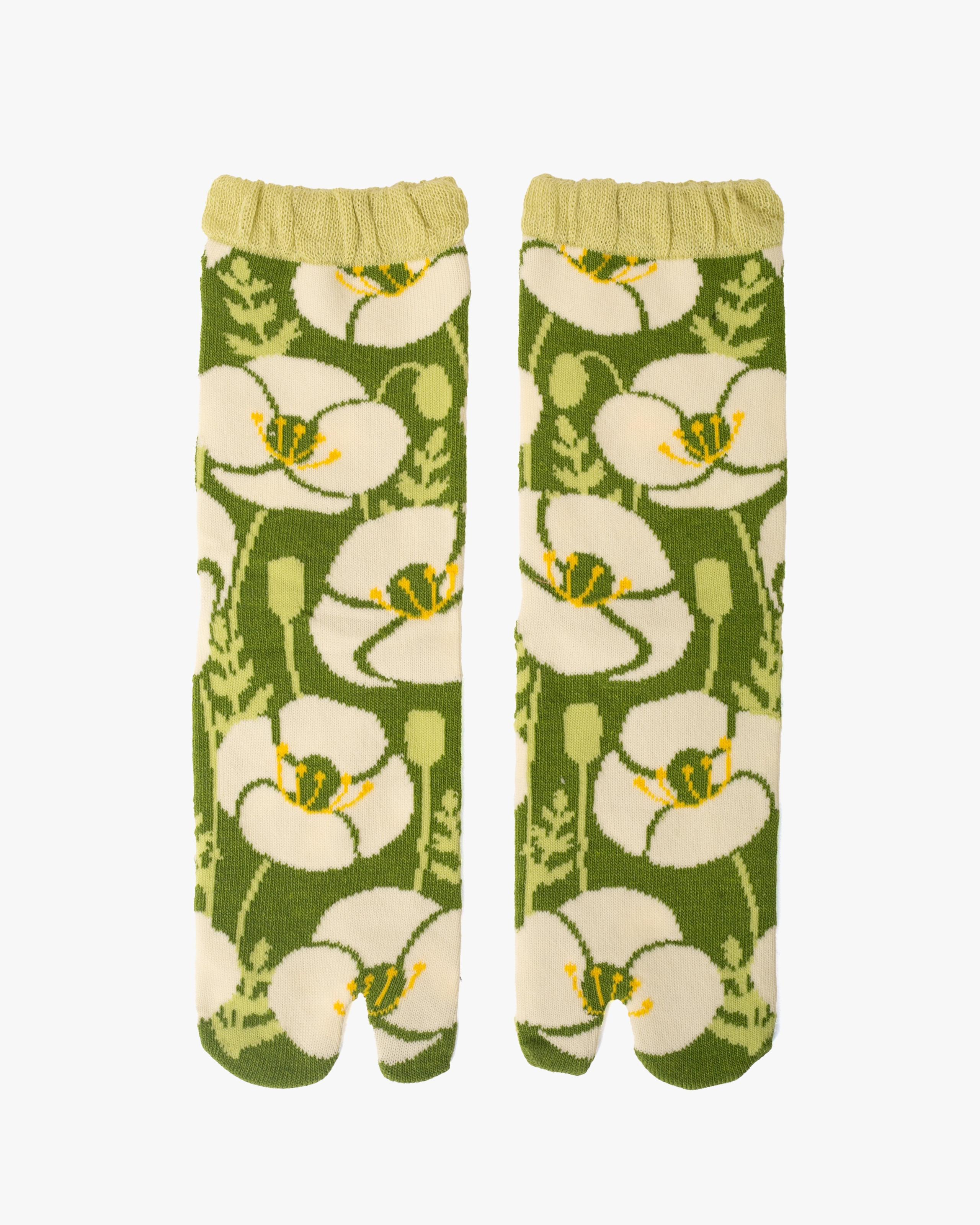 , Tabi Socks, Crew, Green with White and Yellow Flowers- S/M