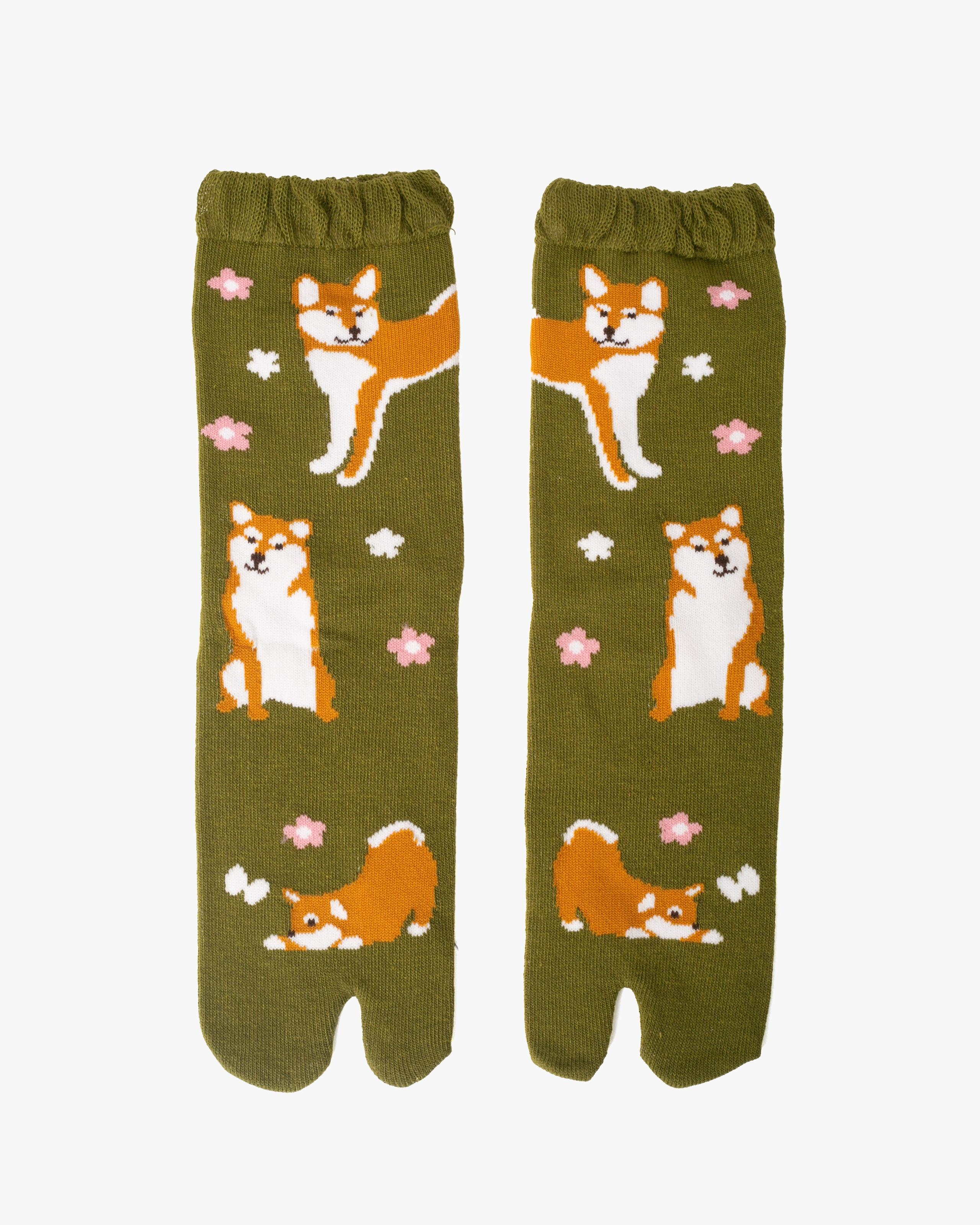 , Tabi Socks, Crew, Green with Shiba - S/M