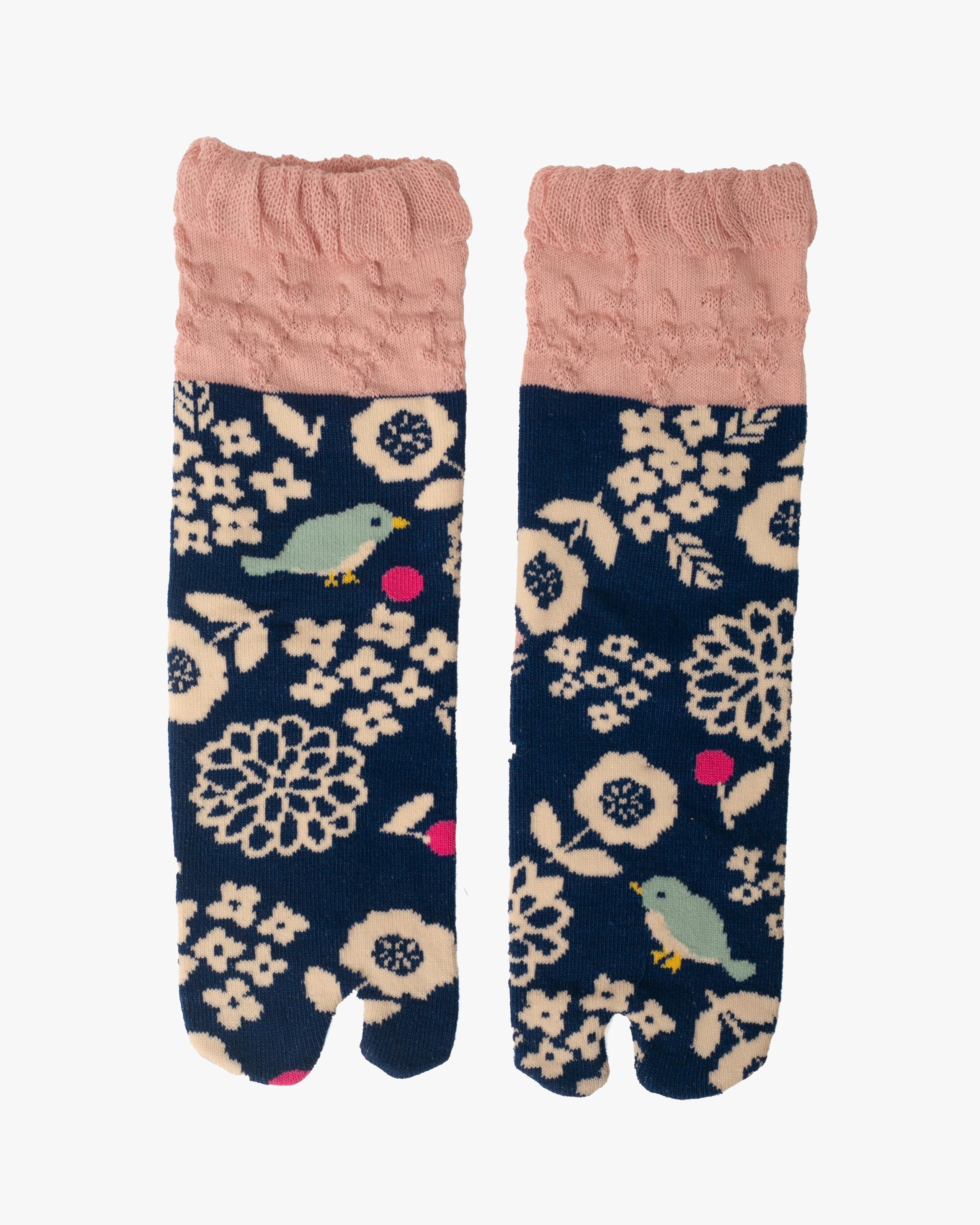 , Tabi Socks, Crew, Blue with Bird and Flowers- S/M