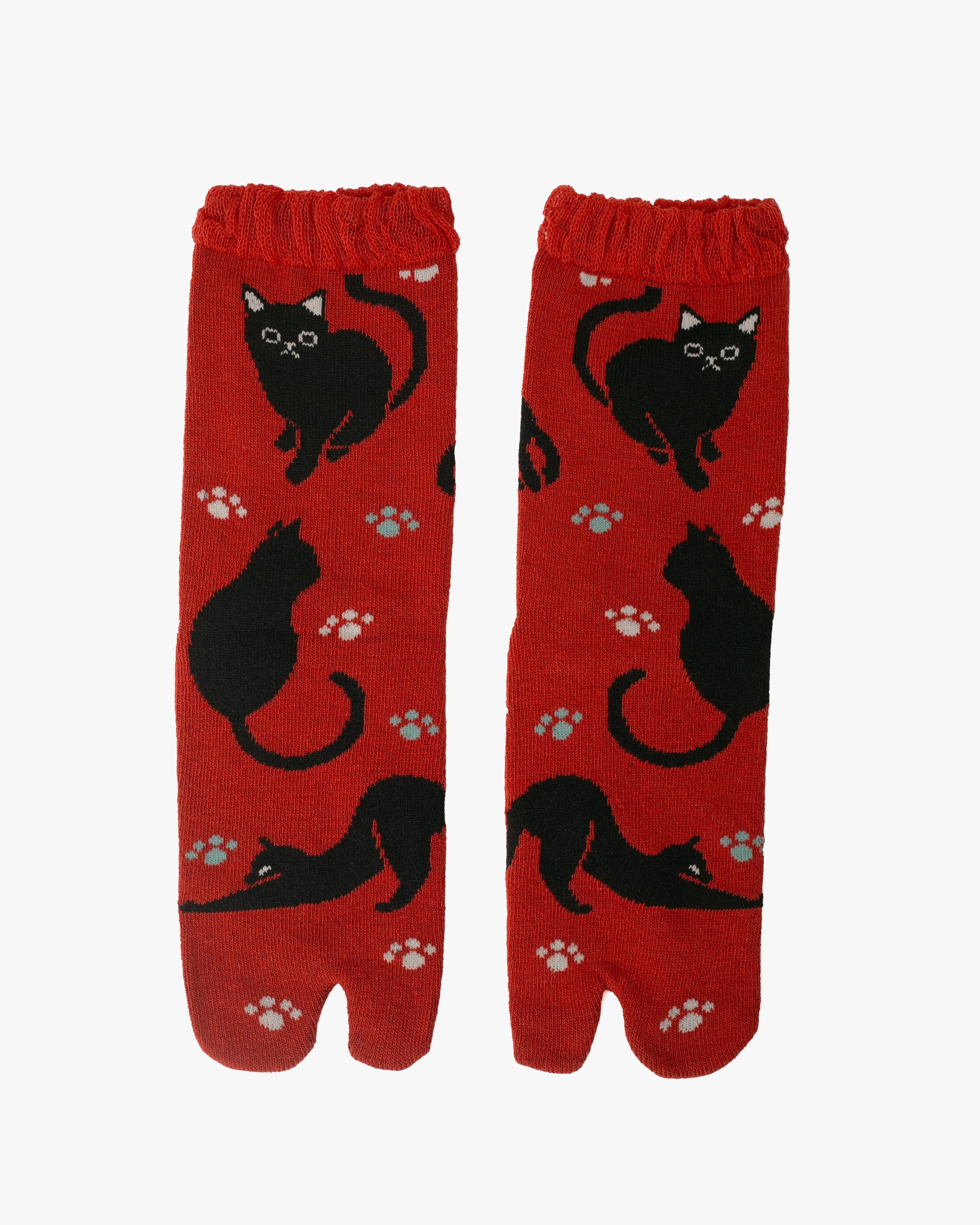 , Tabi Socks, Crew, Red with Black Cats and Paw Prints- S/M
