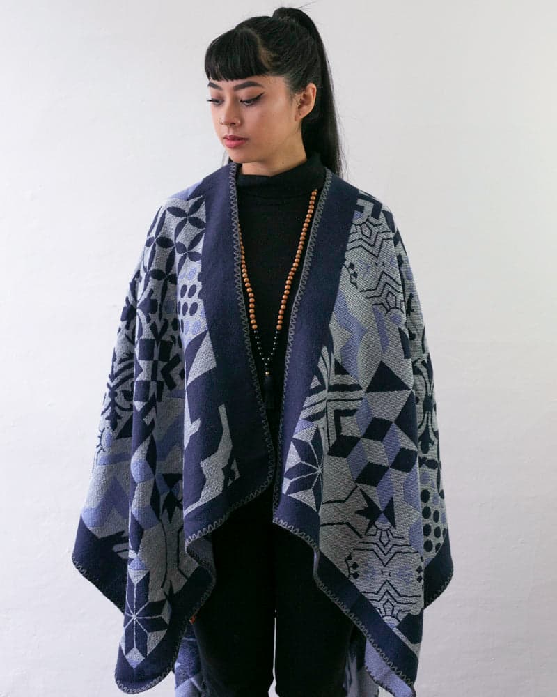 Poncho, Multi Pattern, Dark Navy, Gray and Sky Blue