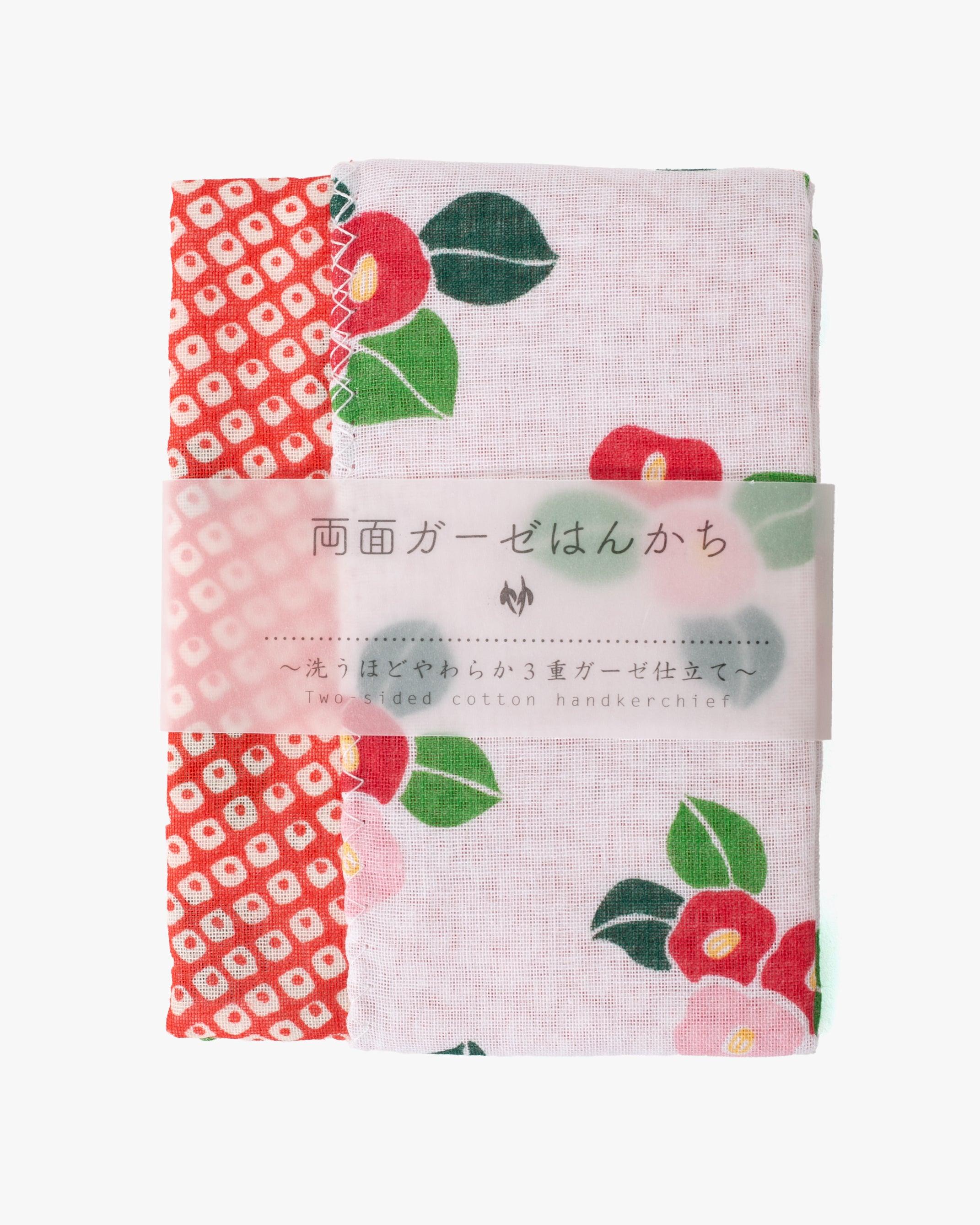 , Two-Sided Cotton Handkerchief, Red Shibori and White with Tsubaki