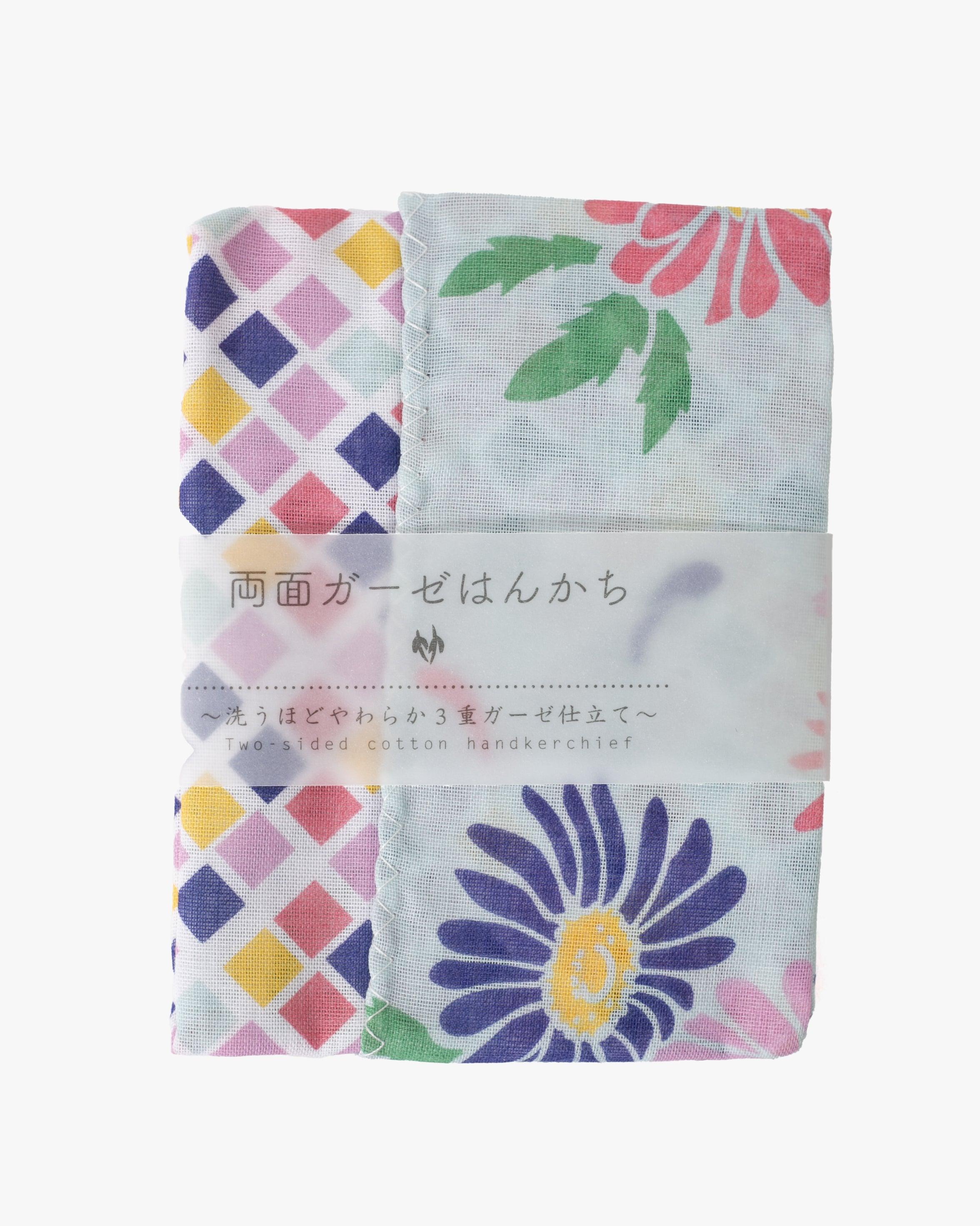 , Two-Sided Cotton Handkerchief, Multi-Color Floral and Tile