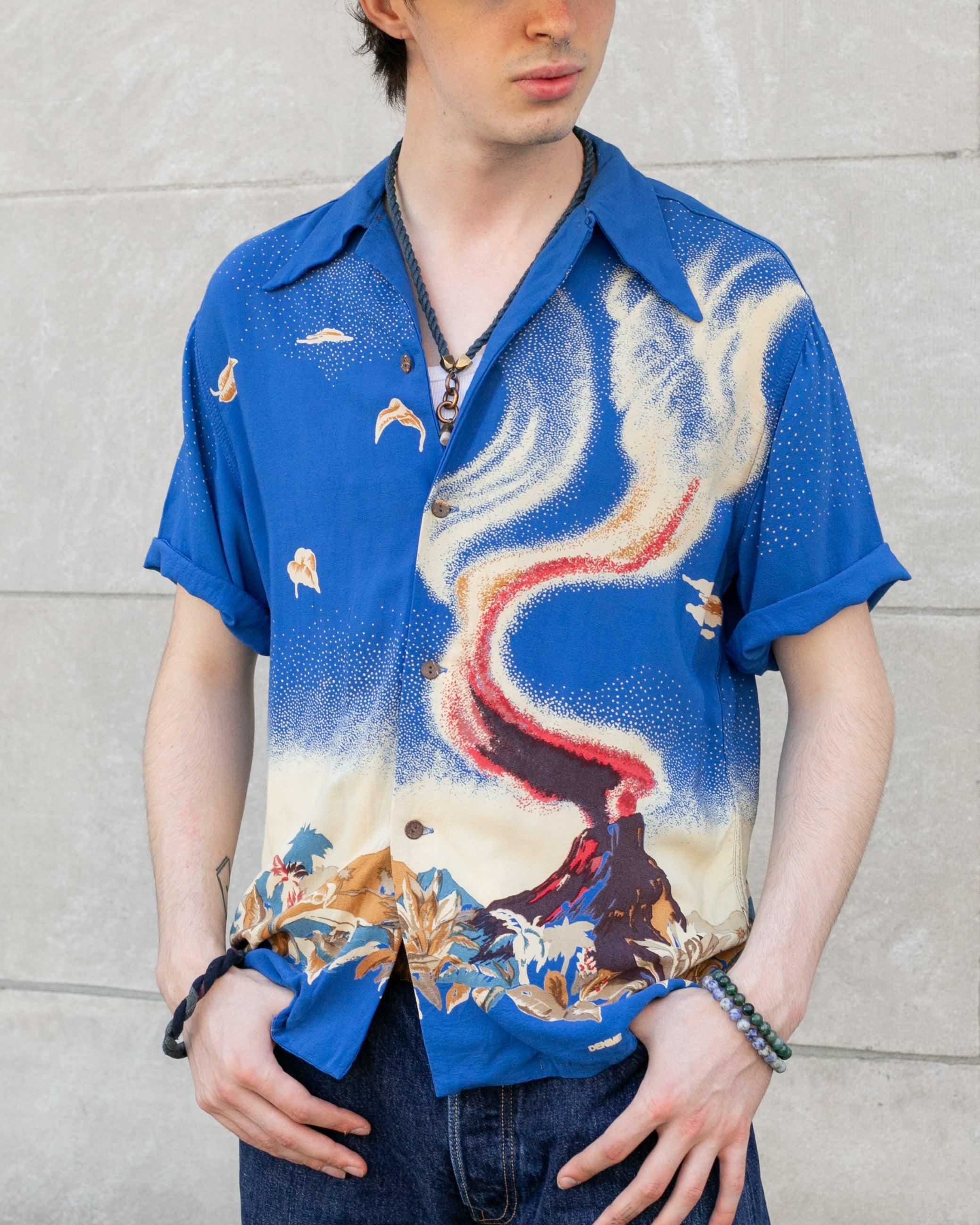 , Short Sleeve Aloha Shirt, Denime Brand, Blue Volcano -  L