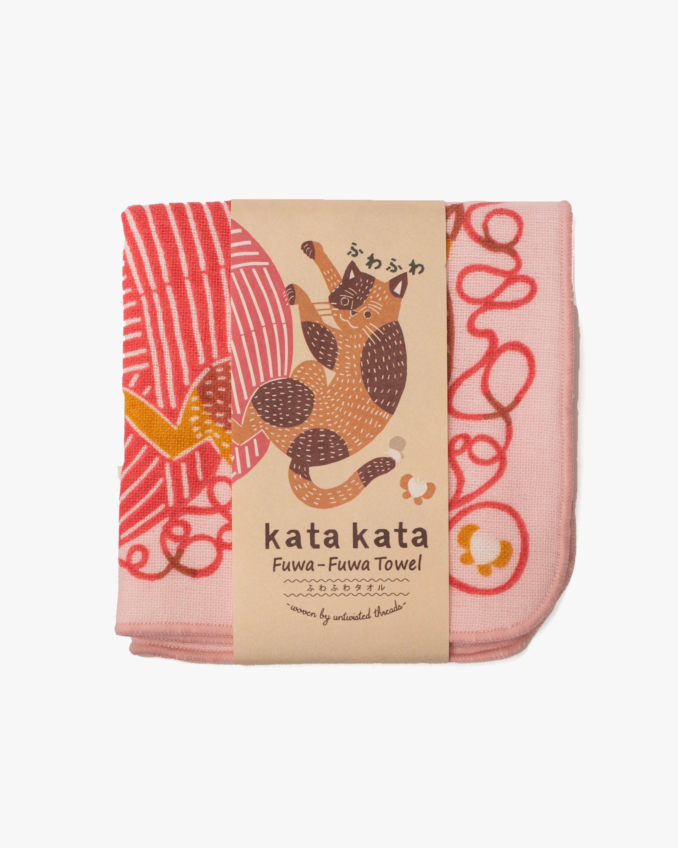 , Fuwa-Fuwa Towel, Kata Kata, Cat & Yarn, Pink, 10" x 10"