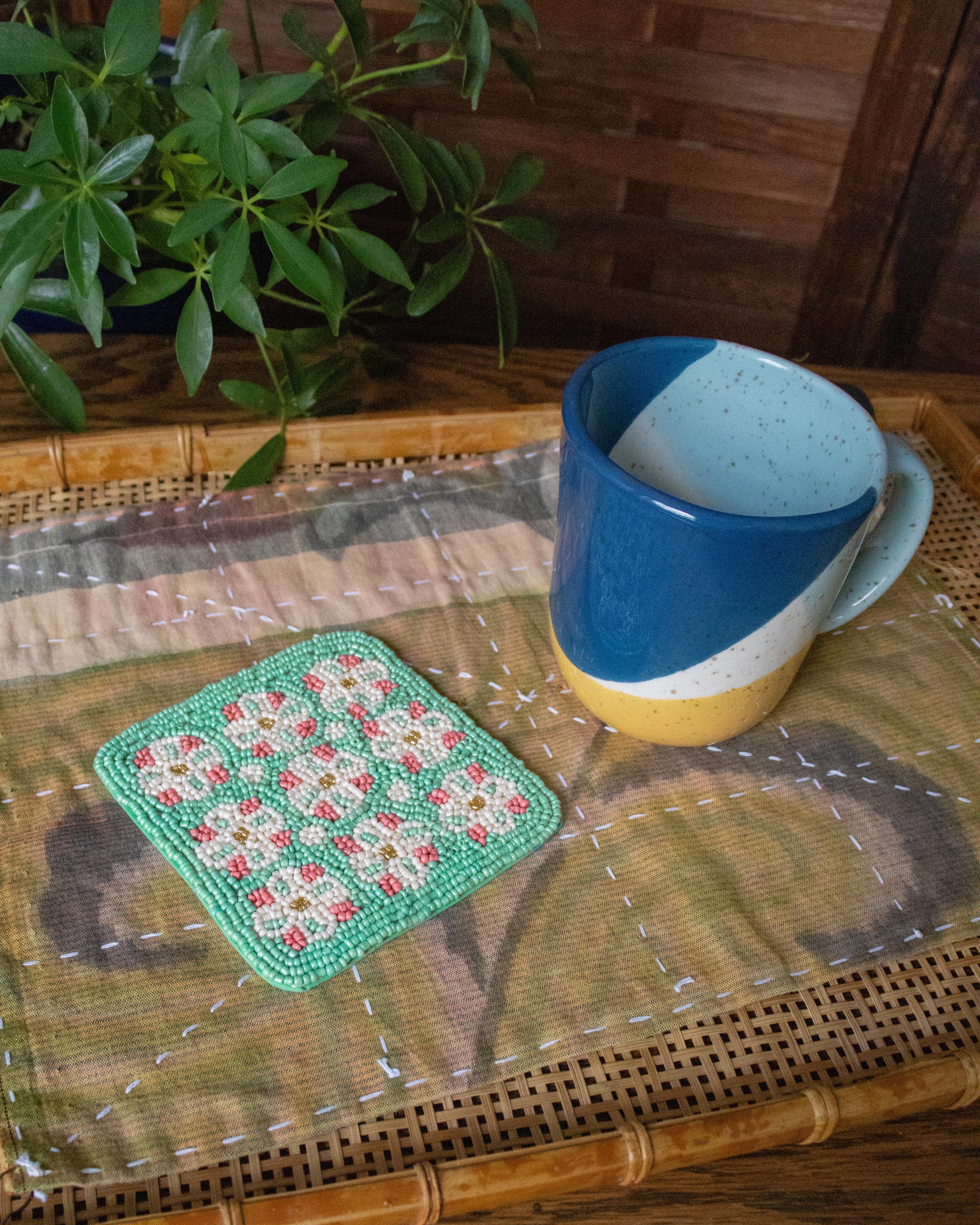 Coaster, Bisque, Beaded Flower Pattern Mint