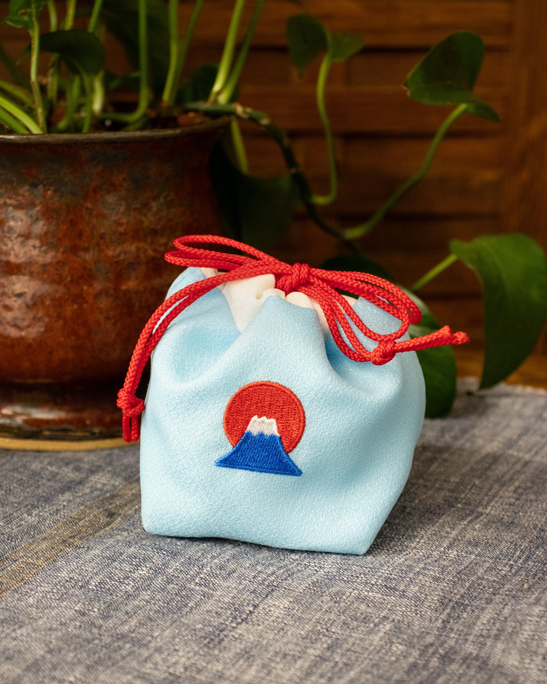 Embroidered Kinchaku, Miyamoto, Light Blue Mt. Fuji
